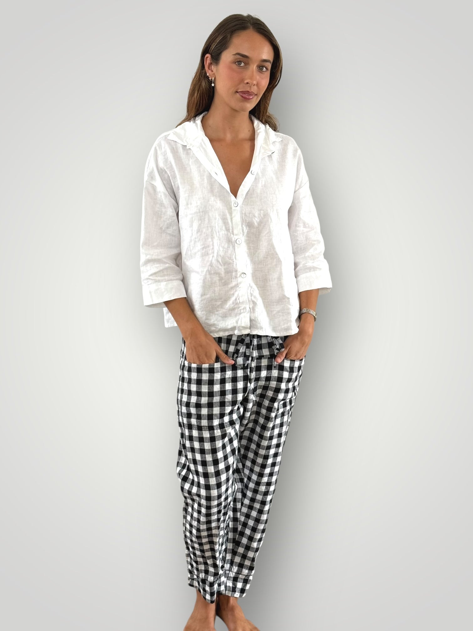 darcy pants - black /white gingham check linen Apparel