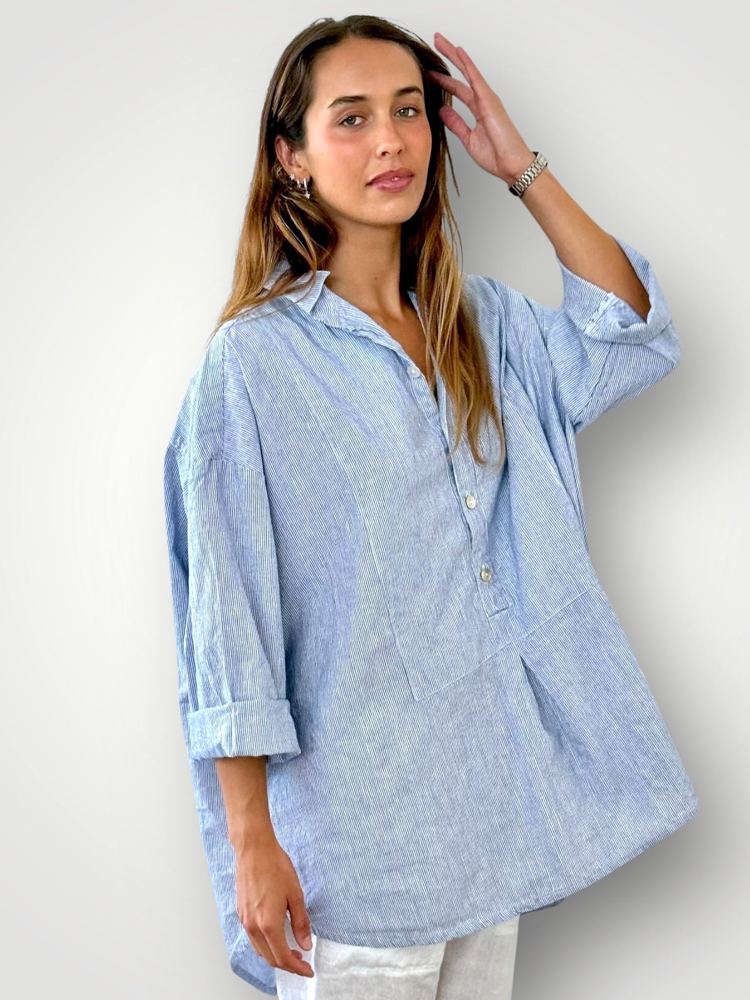 megan shirt -fine blue stripe linen
