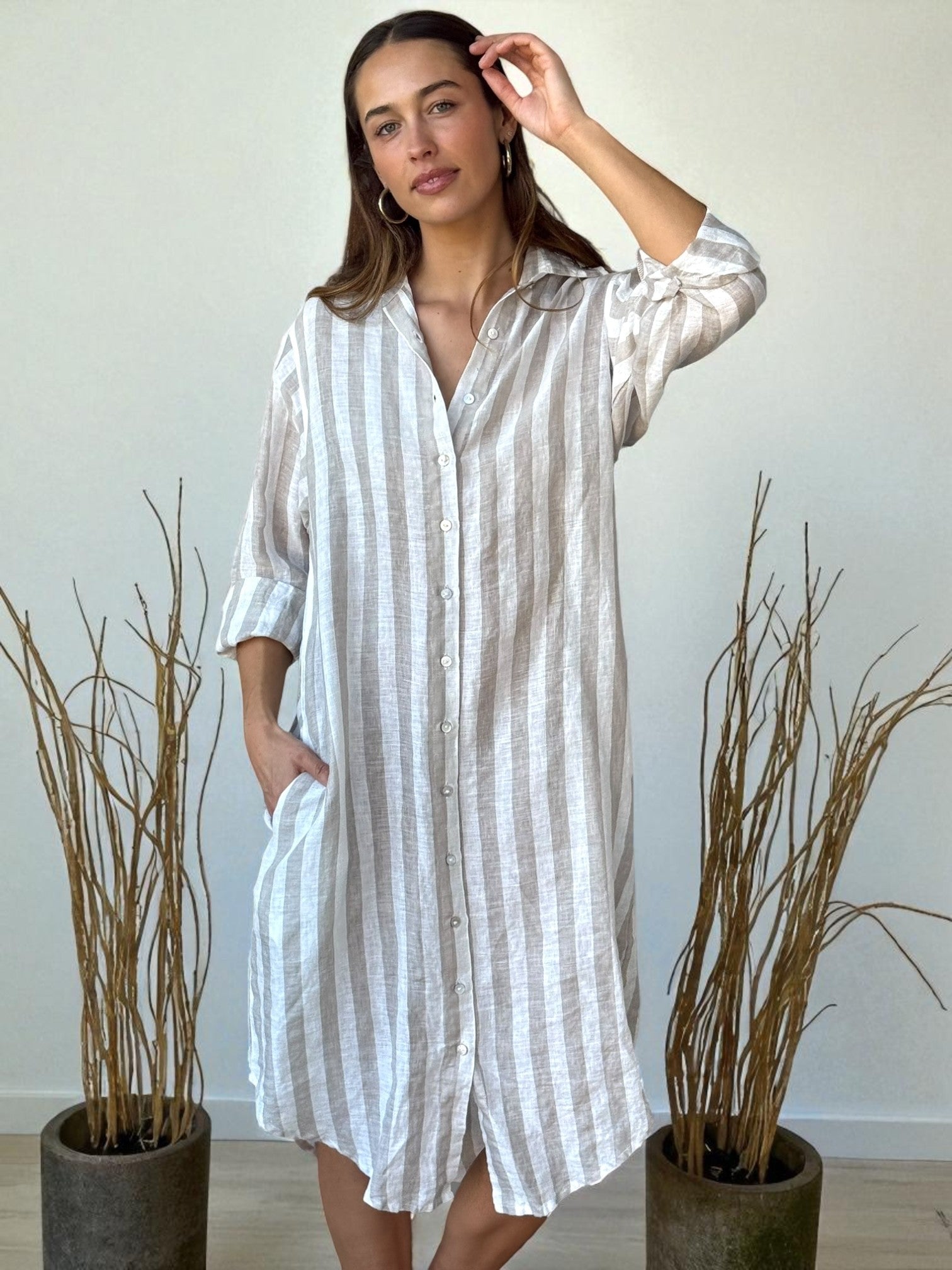 elena shirtdress - natural stripe linen
