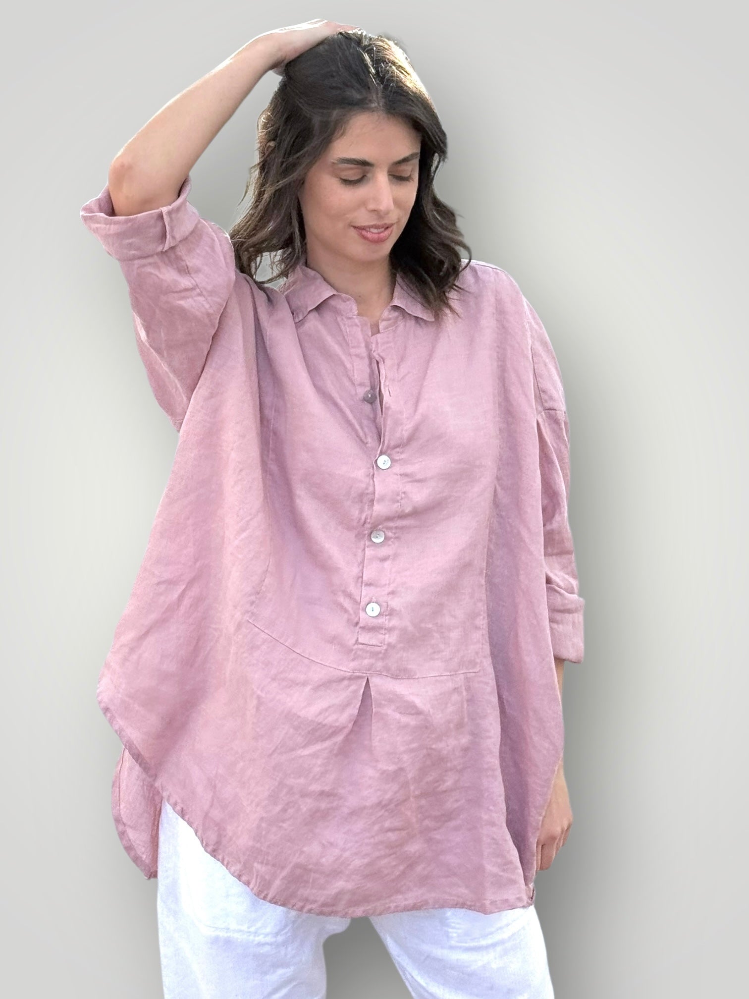 megan shirt - peony pink linen Apparel