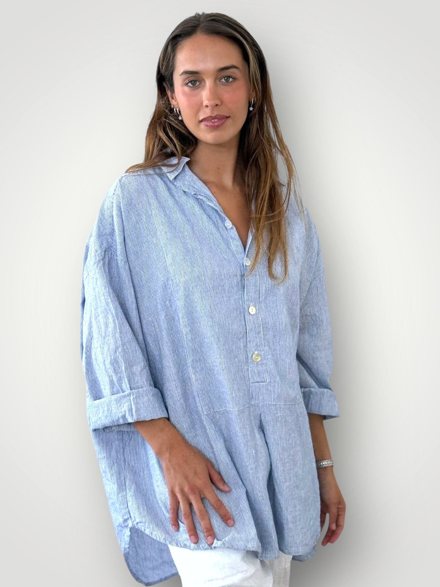 megan shirt -fine blue stripe linen