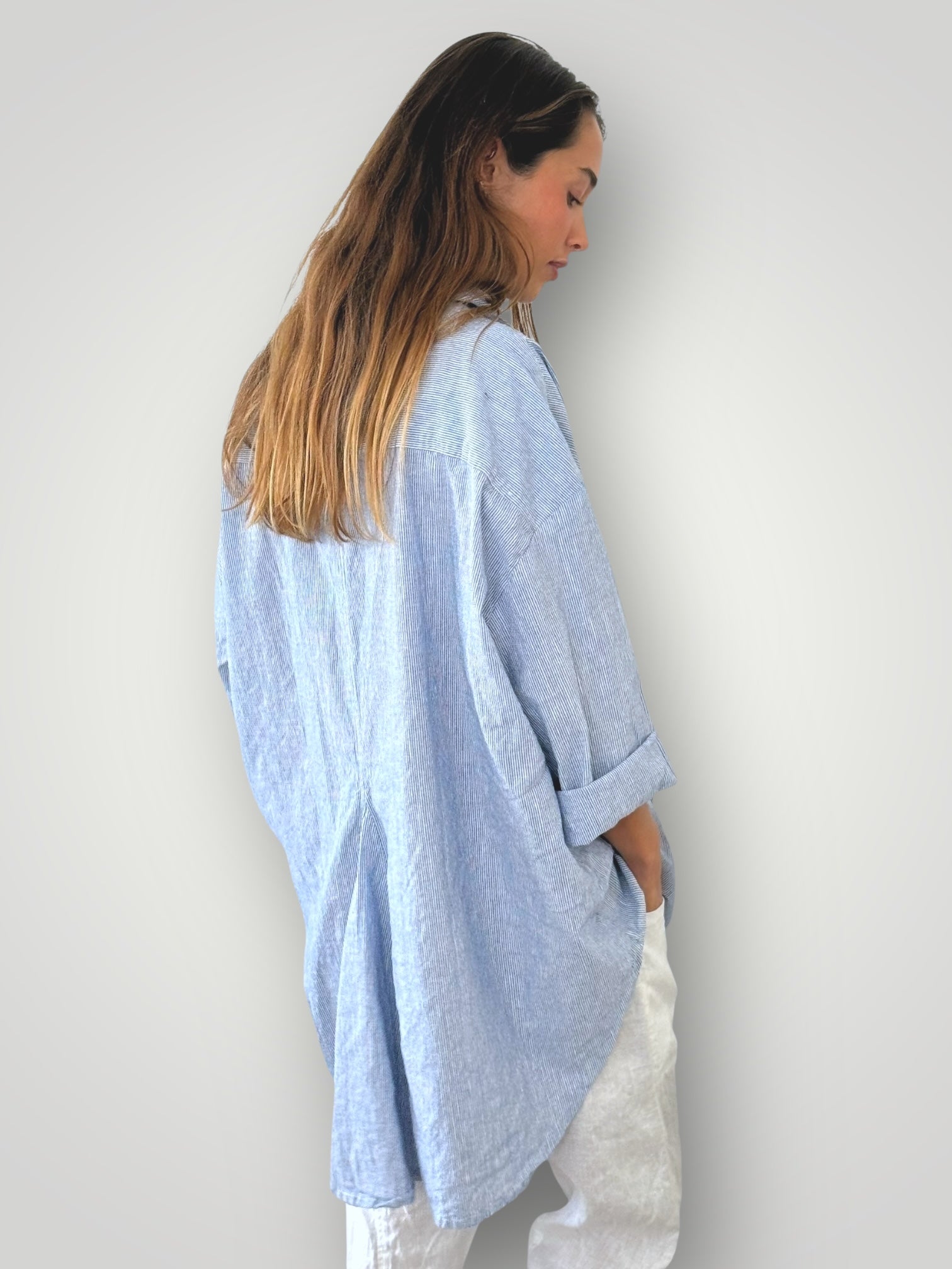 megan shirt -fine blue stripe linen