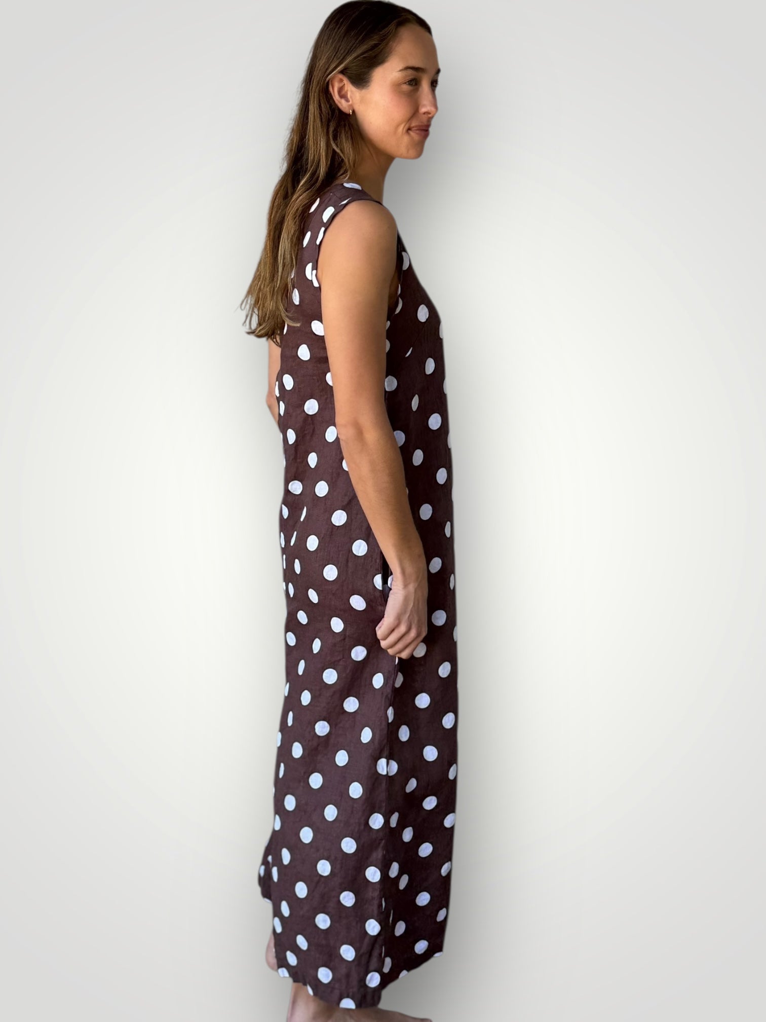 imogen dress-chocolate spot linen