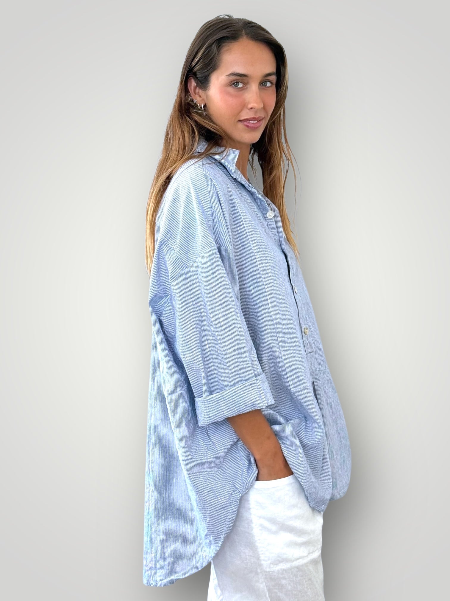 megan shirt -fine blue stripe linen