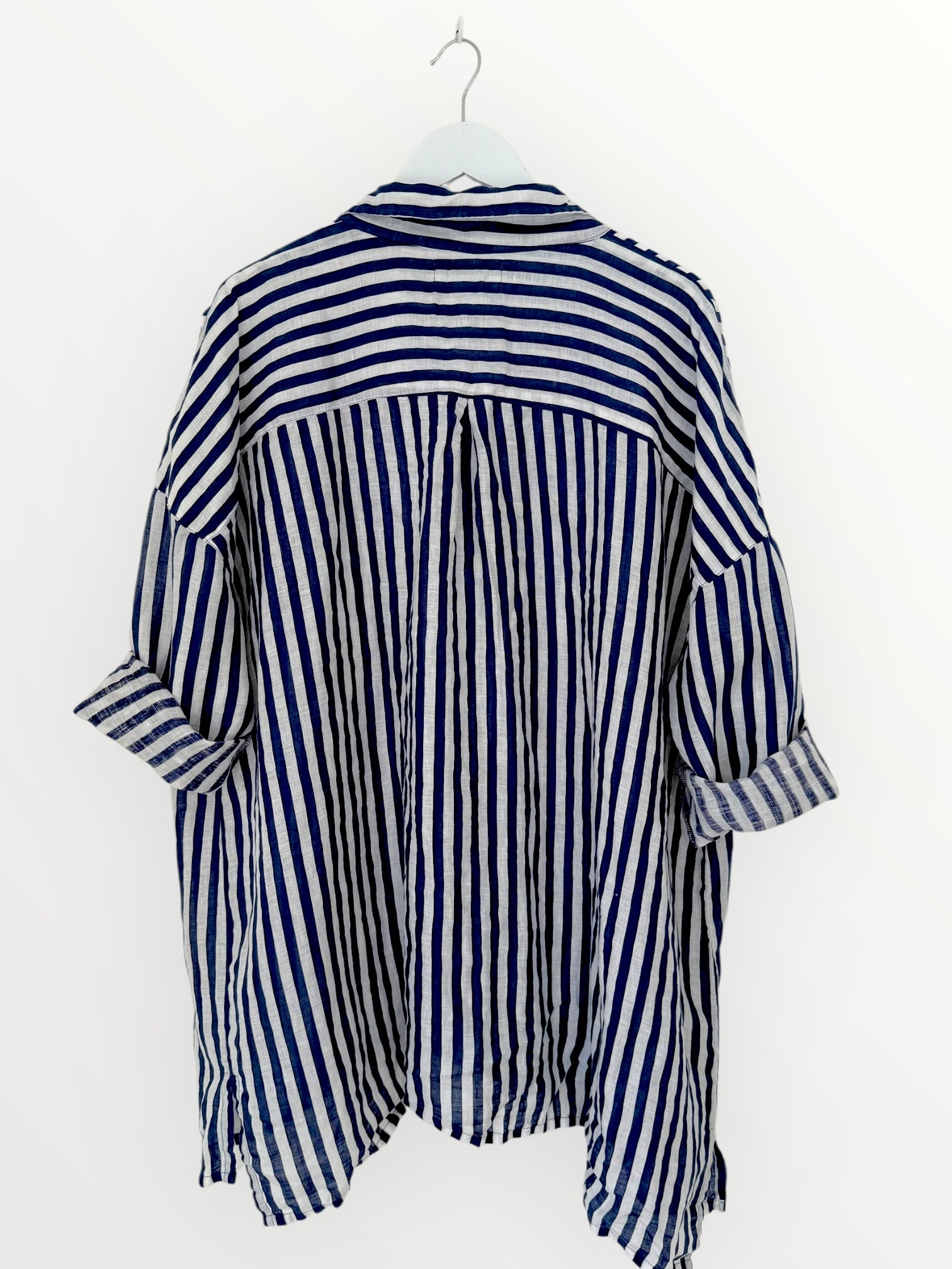 aiden boyfriend shirt -blue dusk stripe linen