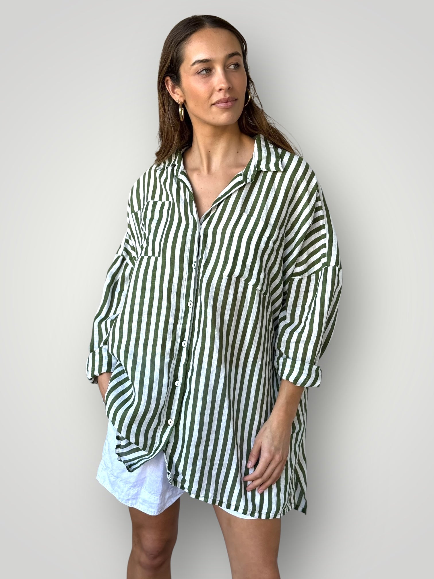 aiden boyfriend shirt -moss stripe linen Apparel