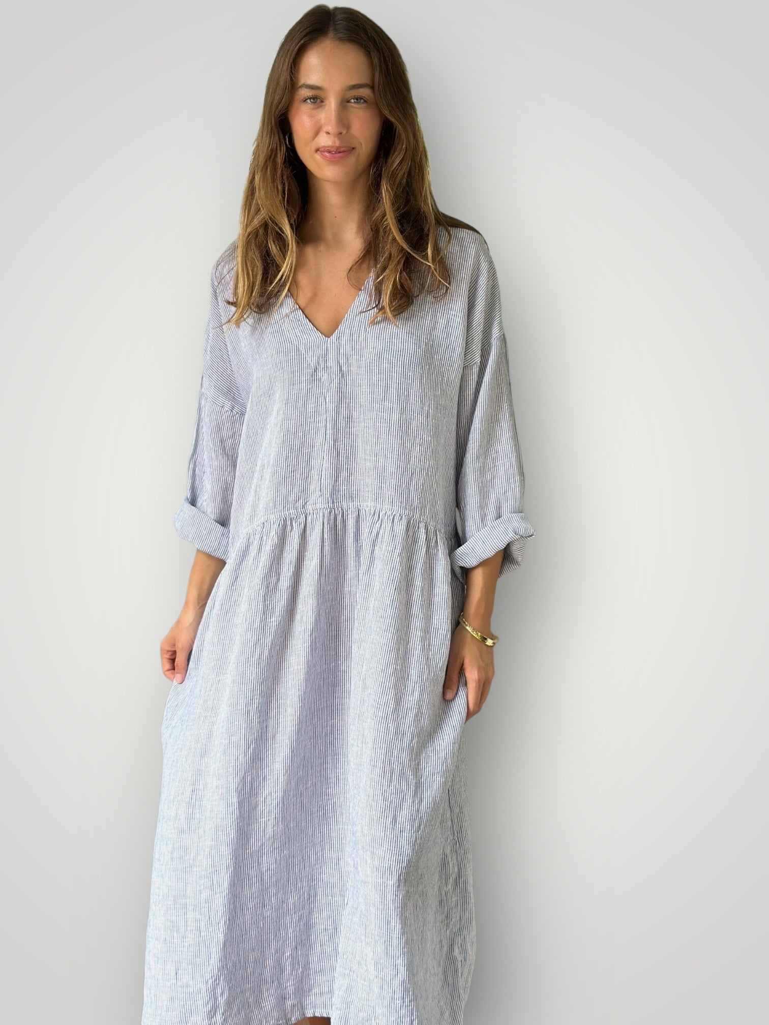 paige dress - fine grey stripe linen Apparel