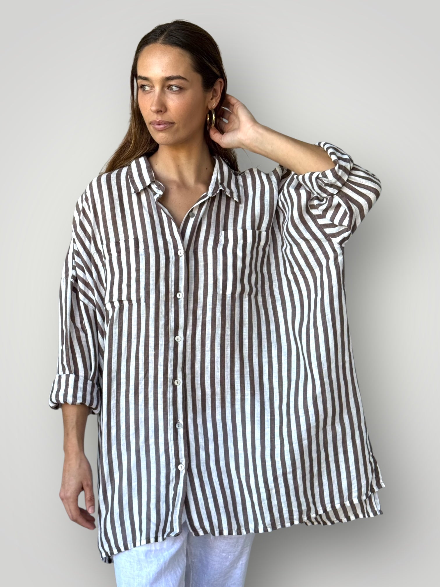 aiden boyfriend shirt -soil stripe linen Apparel
