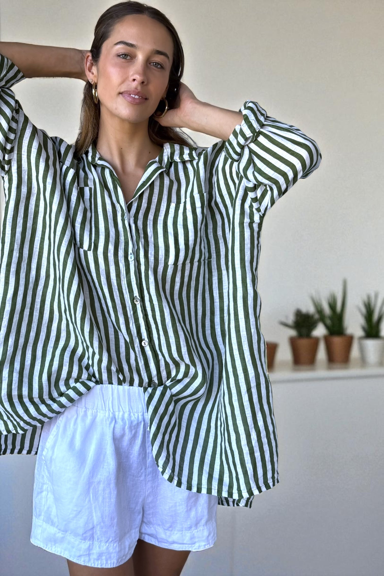 aiden boyfriend shirt -moss stripe linen Apparel