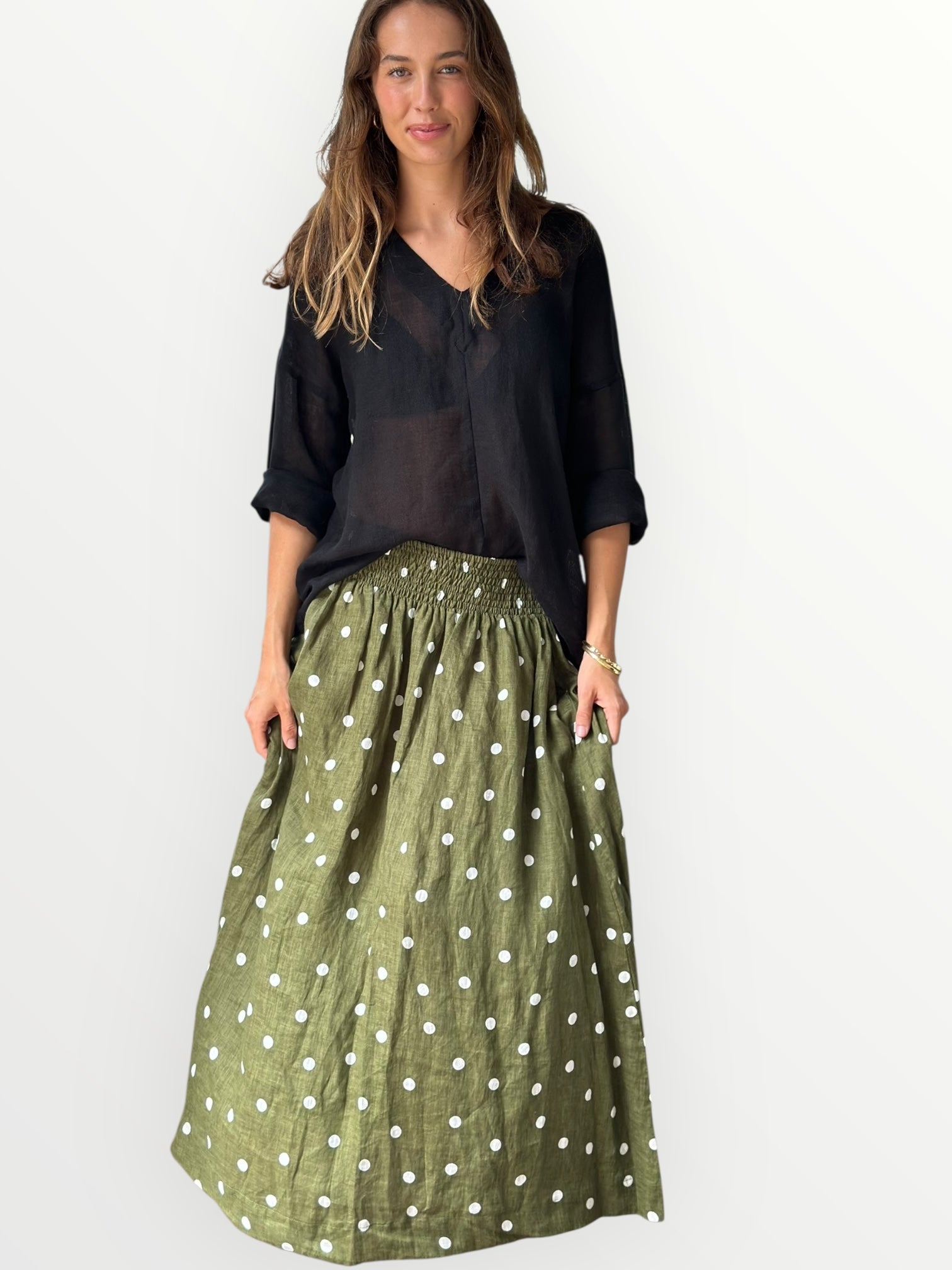 lulu skirt - olive spot linen