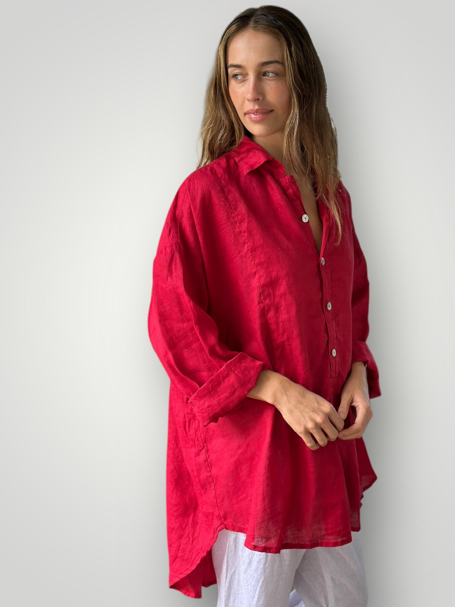 megan shirt - red linen Apparel