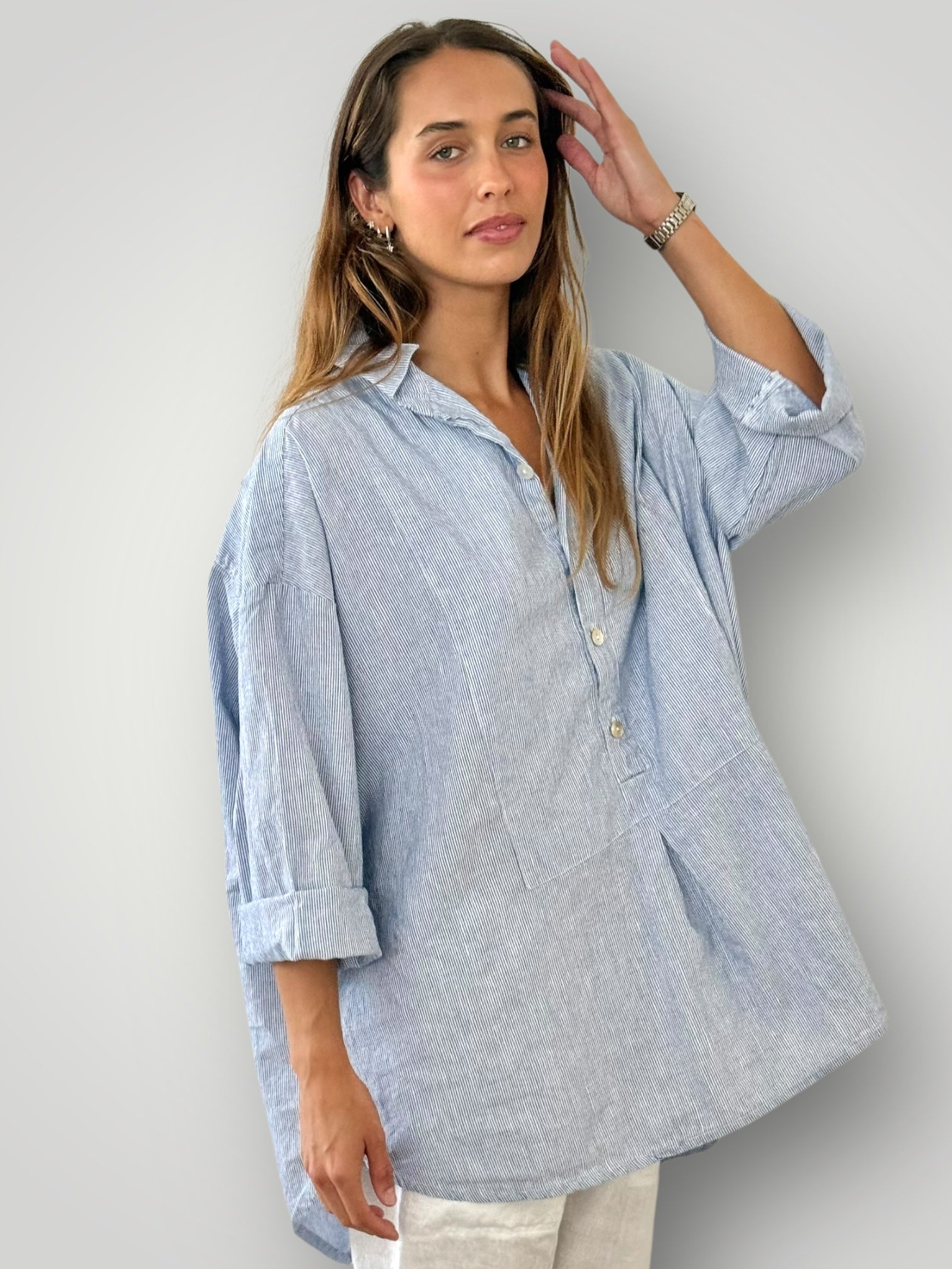 megan shirt -fine blue stripe linen Apparel
