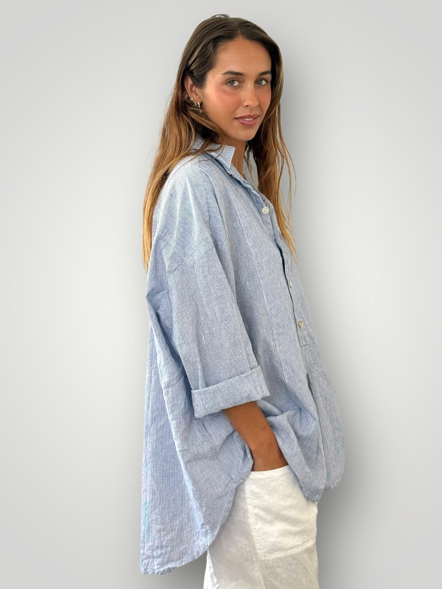 megan shirt -fine blue stripe linen Apparel