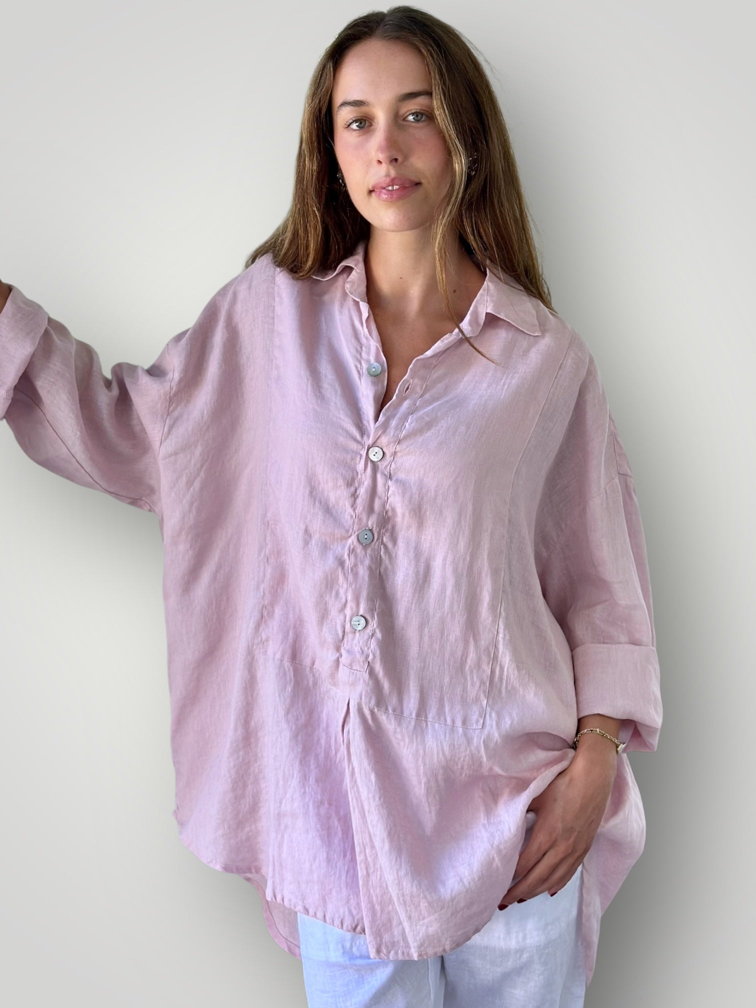 megan shirt - dusty rose linen Apparel
