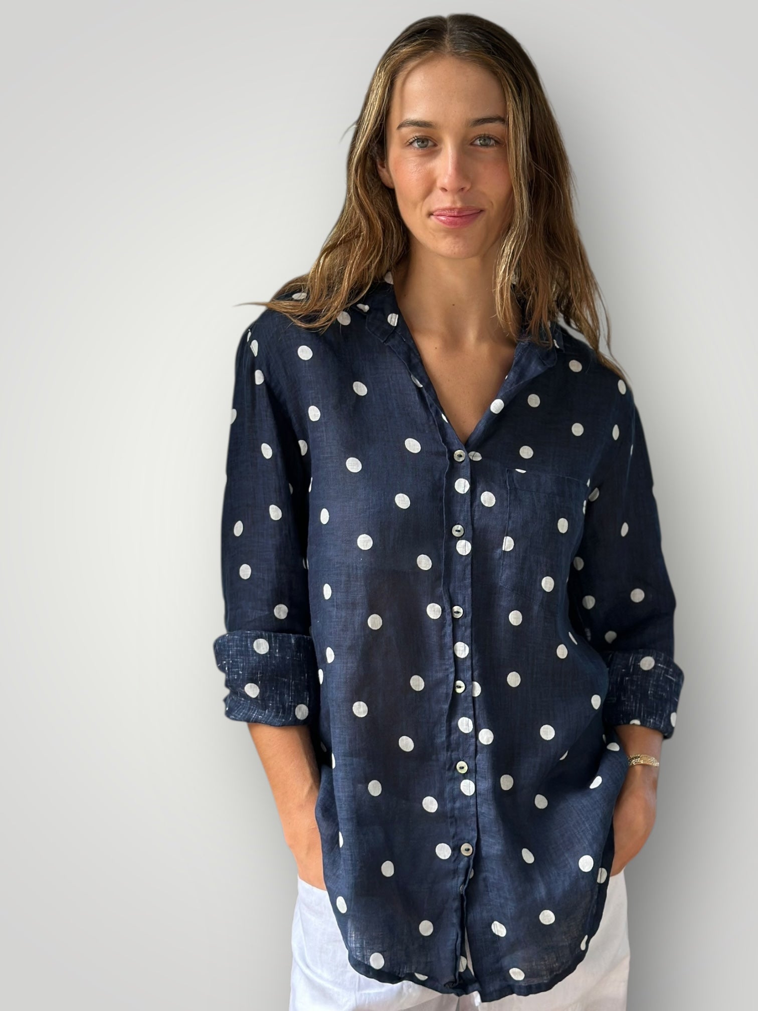 erika shirt - navy spot linen Apparel
