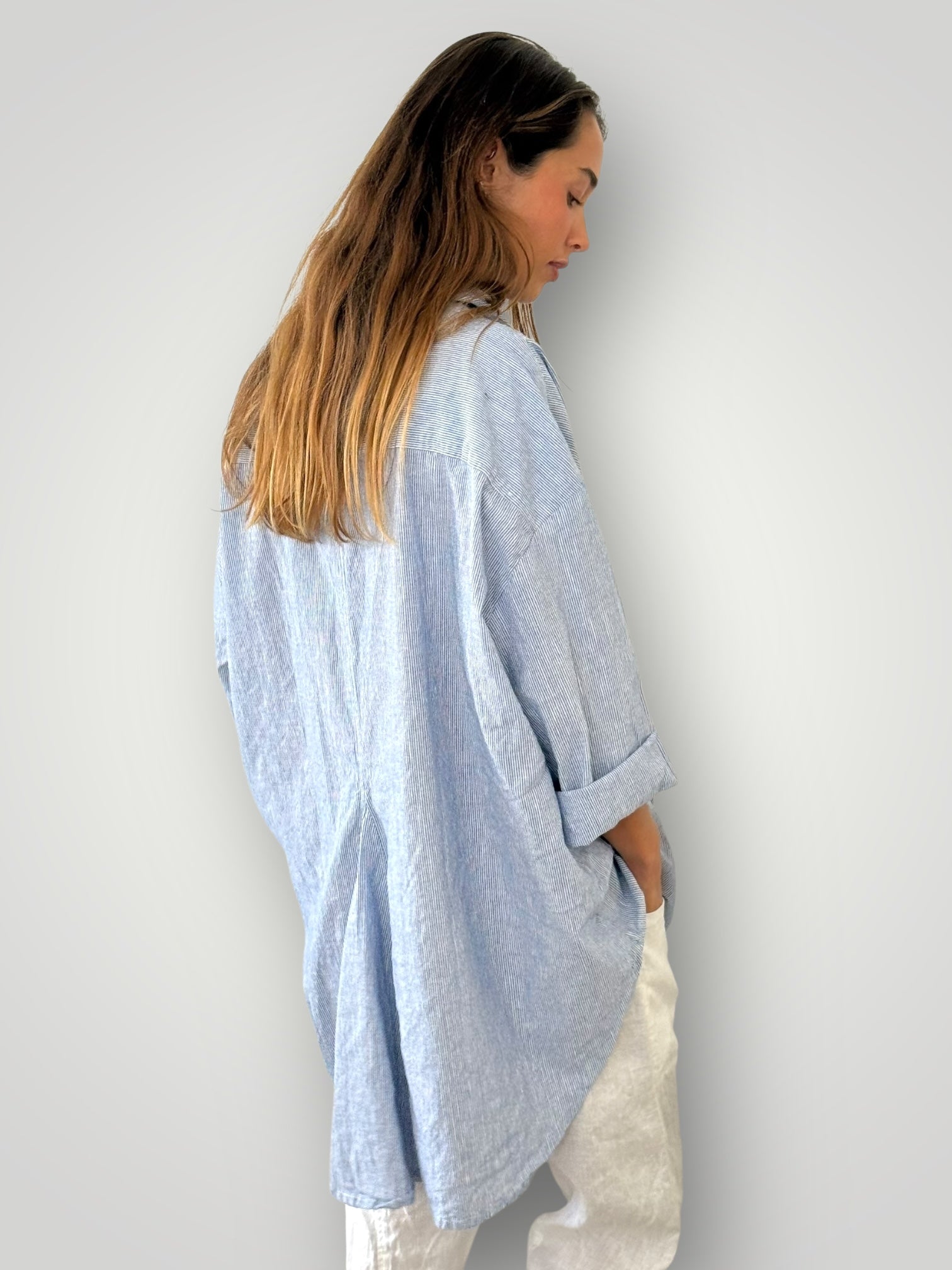 megan shirt -fine blue stripe linen Apparel
