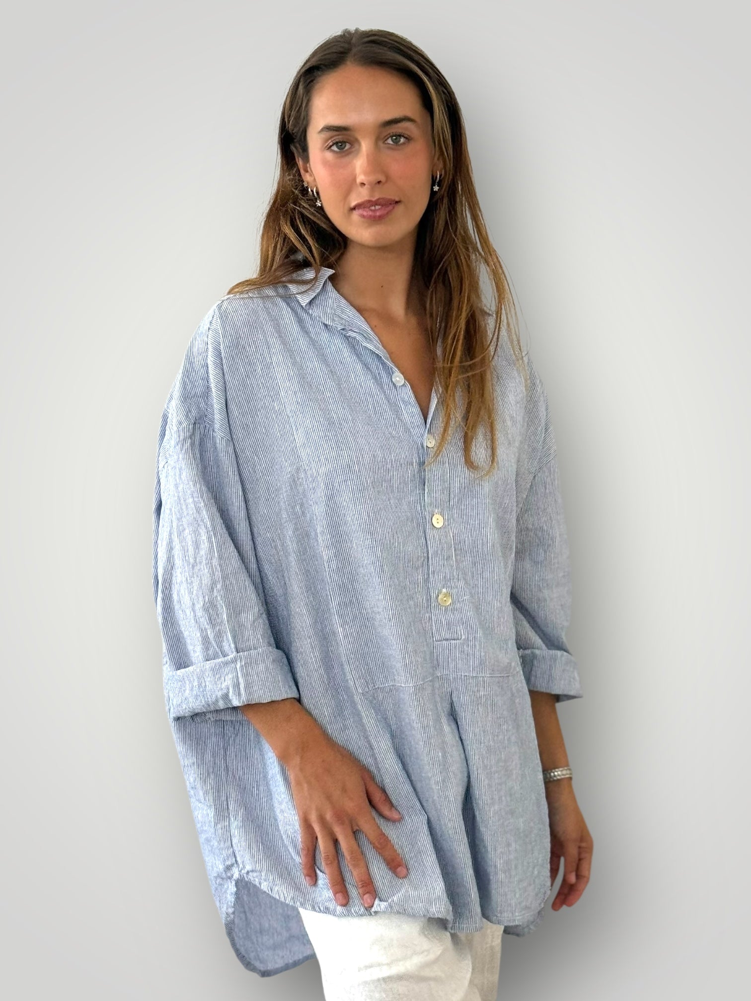 megan shirt -fine blue stripe linen Apparel