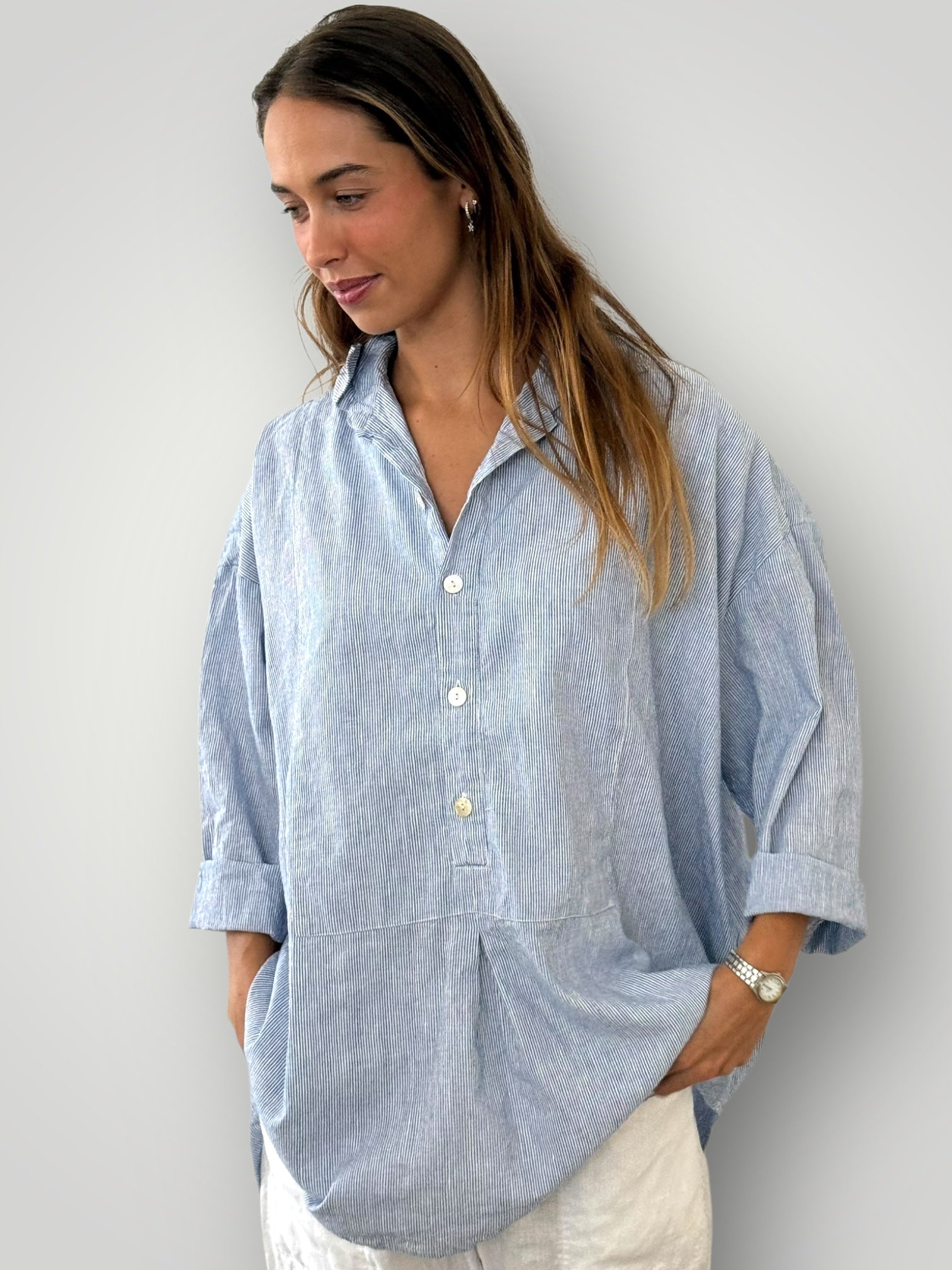 megan shirt -fine blue stripe linen Apparel