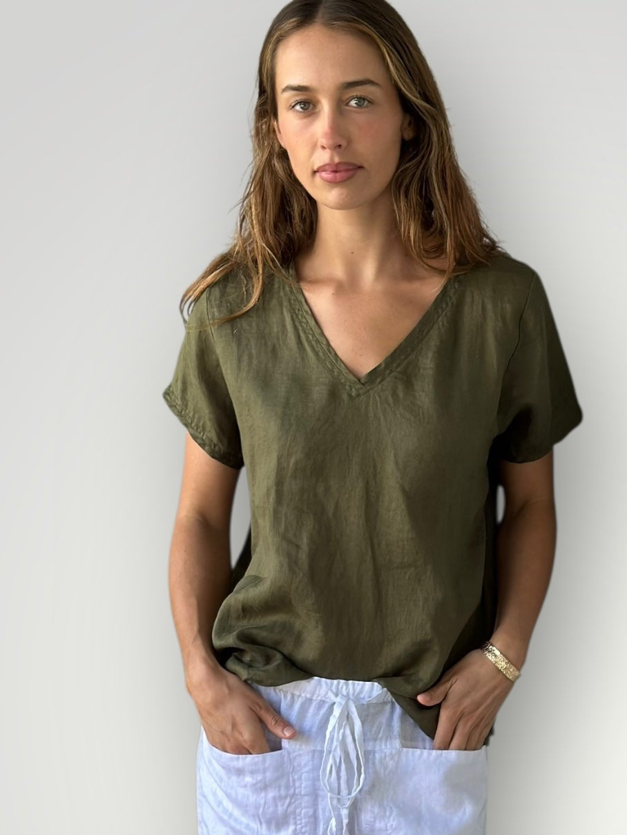 ellie v neck top - army linen Apparel