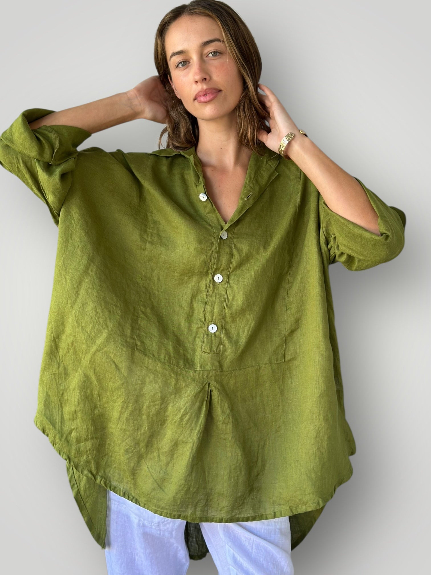 megan shirt - olive linen Apparel