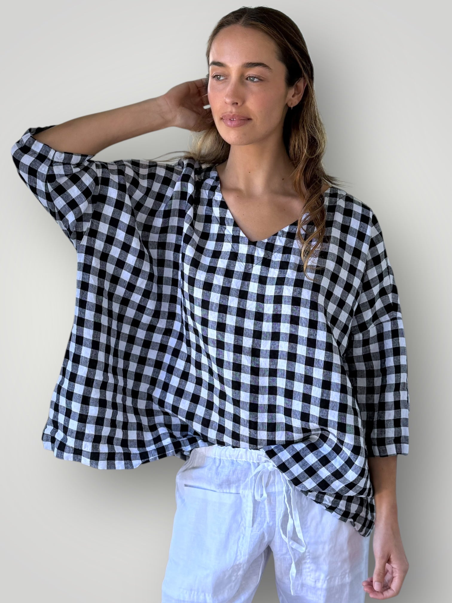 lydia top - black check linen