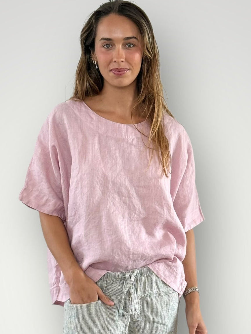 mia top - peony pink linen Apparel