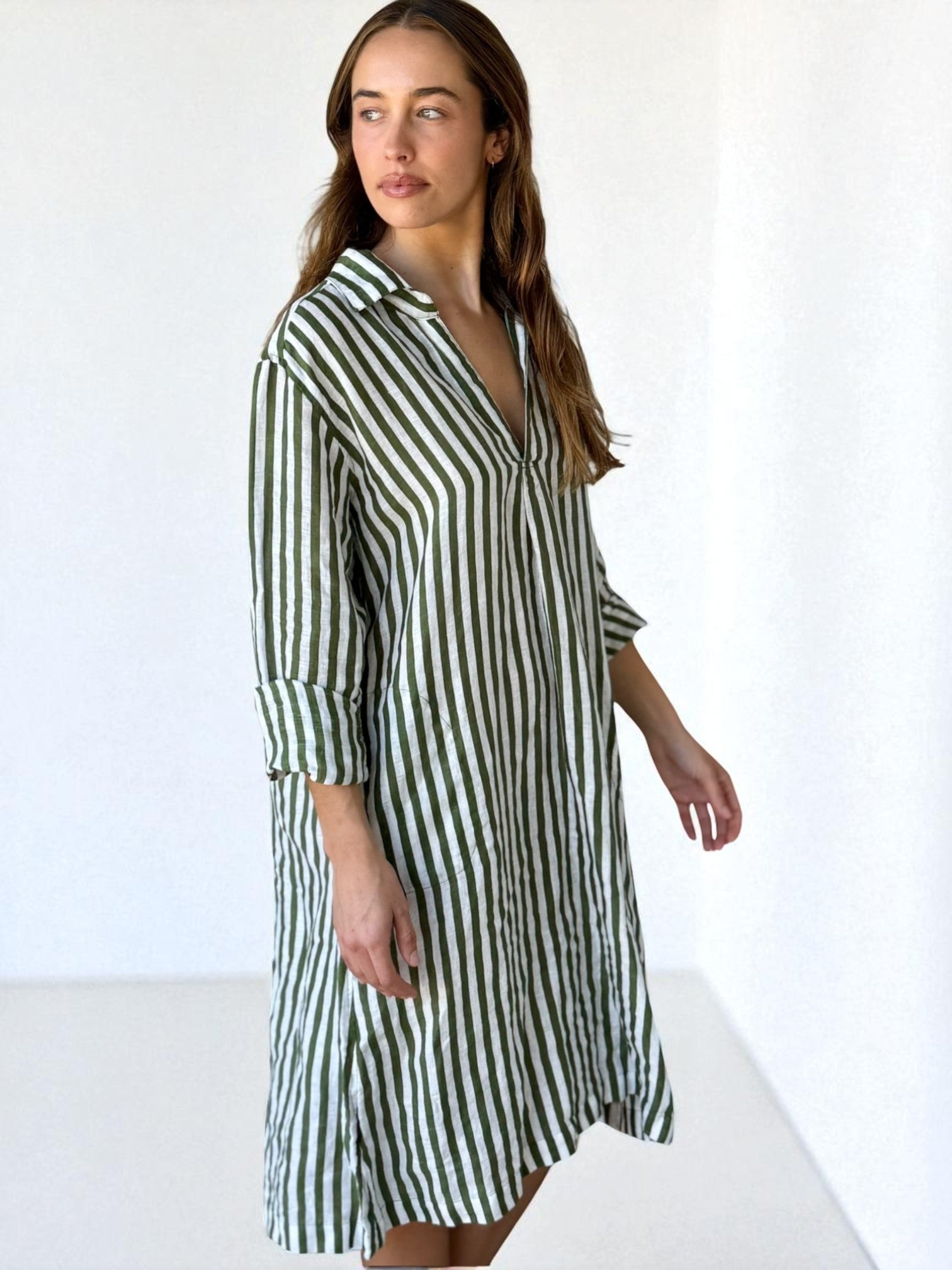 bianca dress -moss stripe linen Apparel