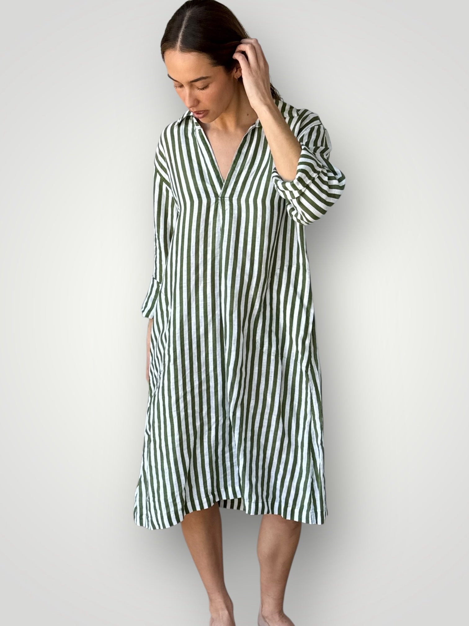 bianca dress -moss stripe linen Apparel