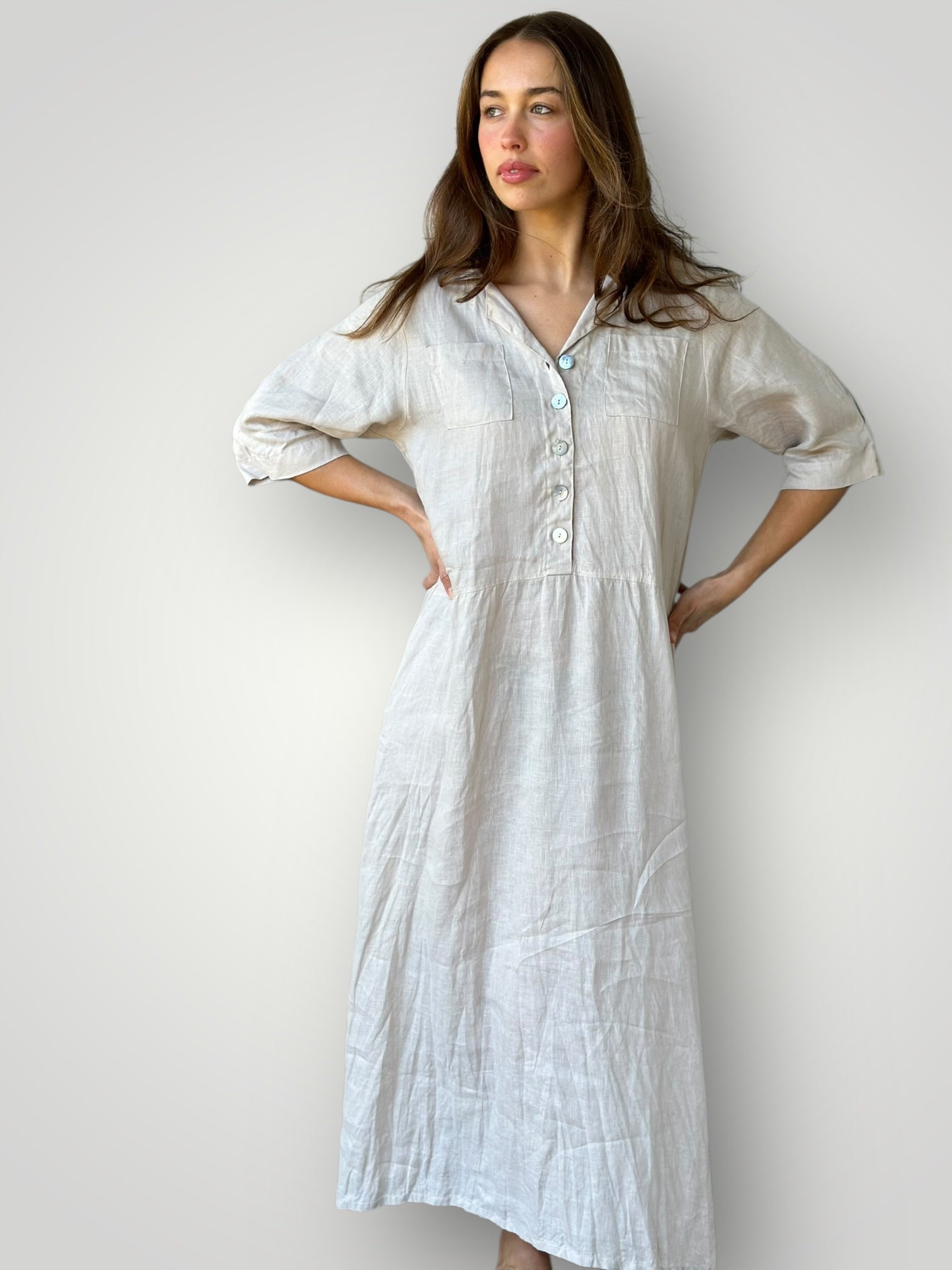 bridget dress - almond linen Apparel