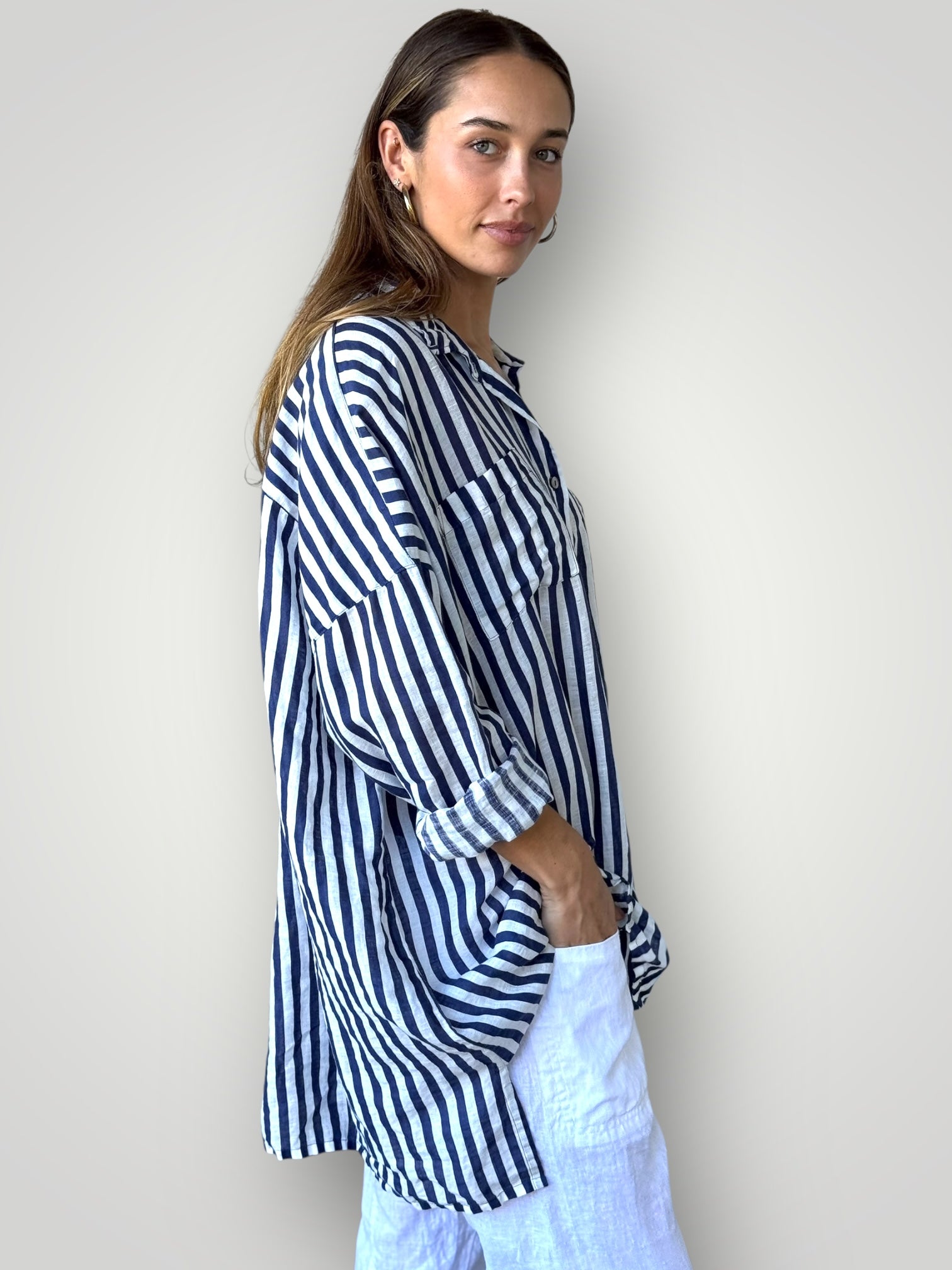 aiden boyfriend shirt -blue dusk stripe linen Apparel