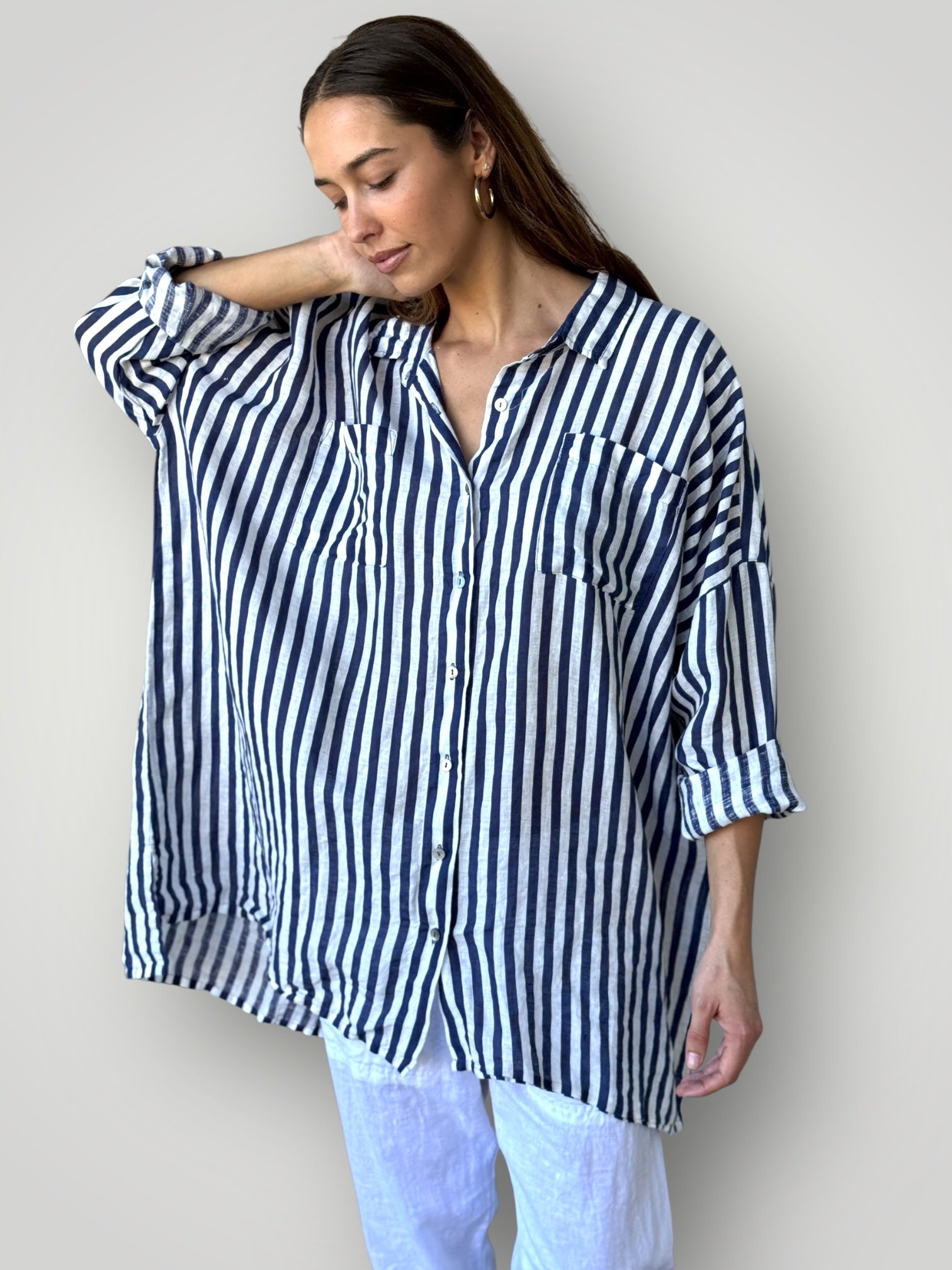 aiden boyfriend shirt -blue dusk stripe linen Apparel