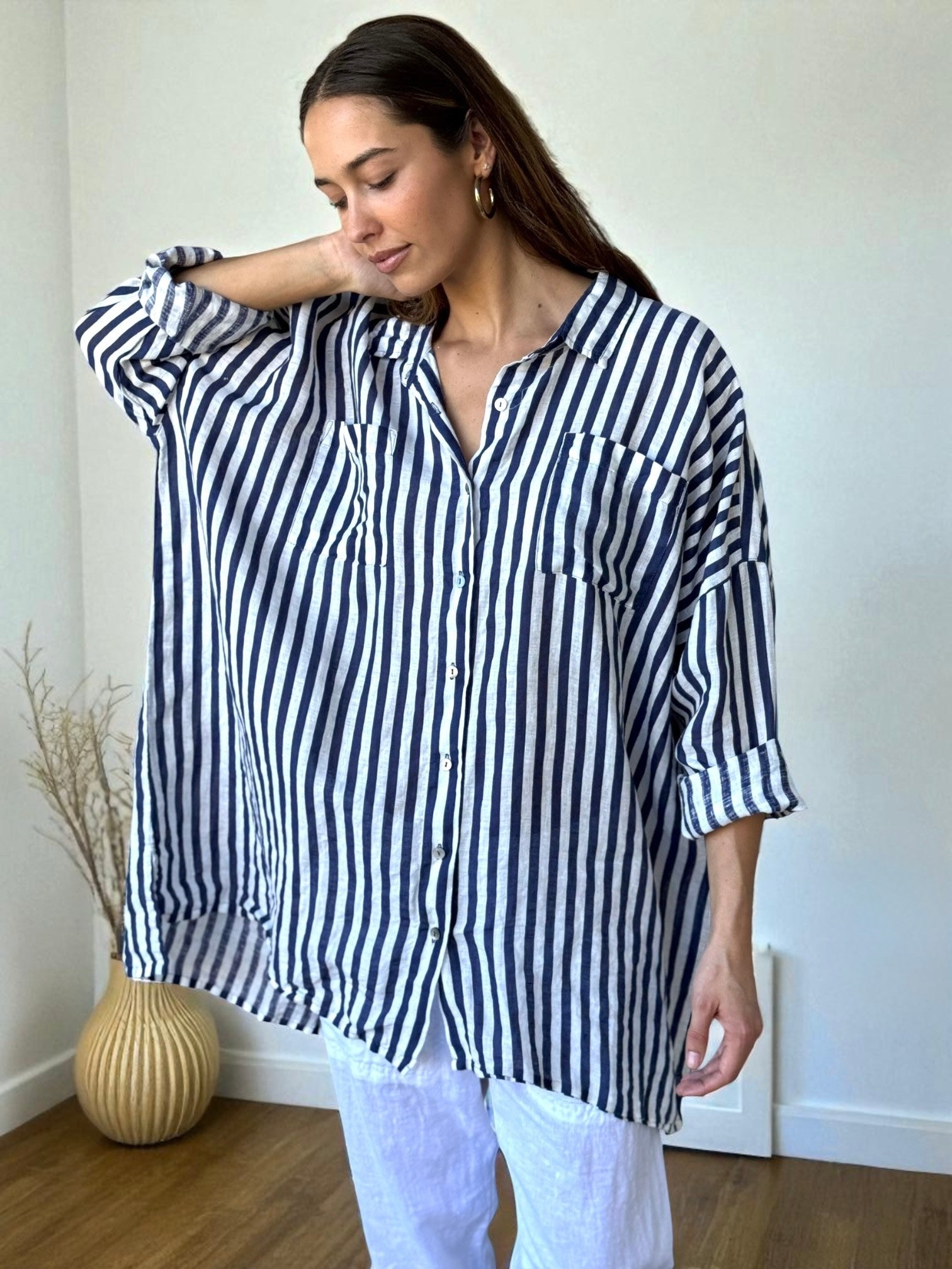 aiden boyfriend shirt -blue dusk stripe linen Apparel