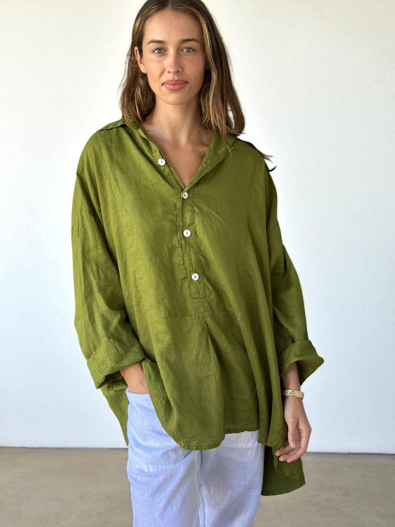 megan shirt - olive linen Apparel