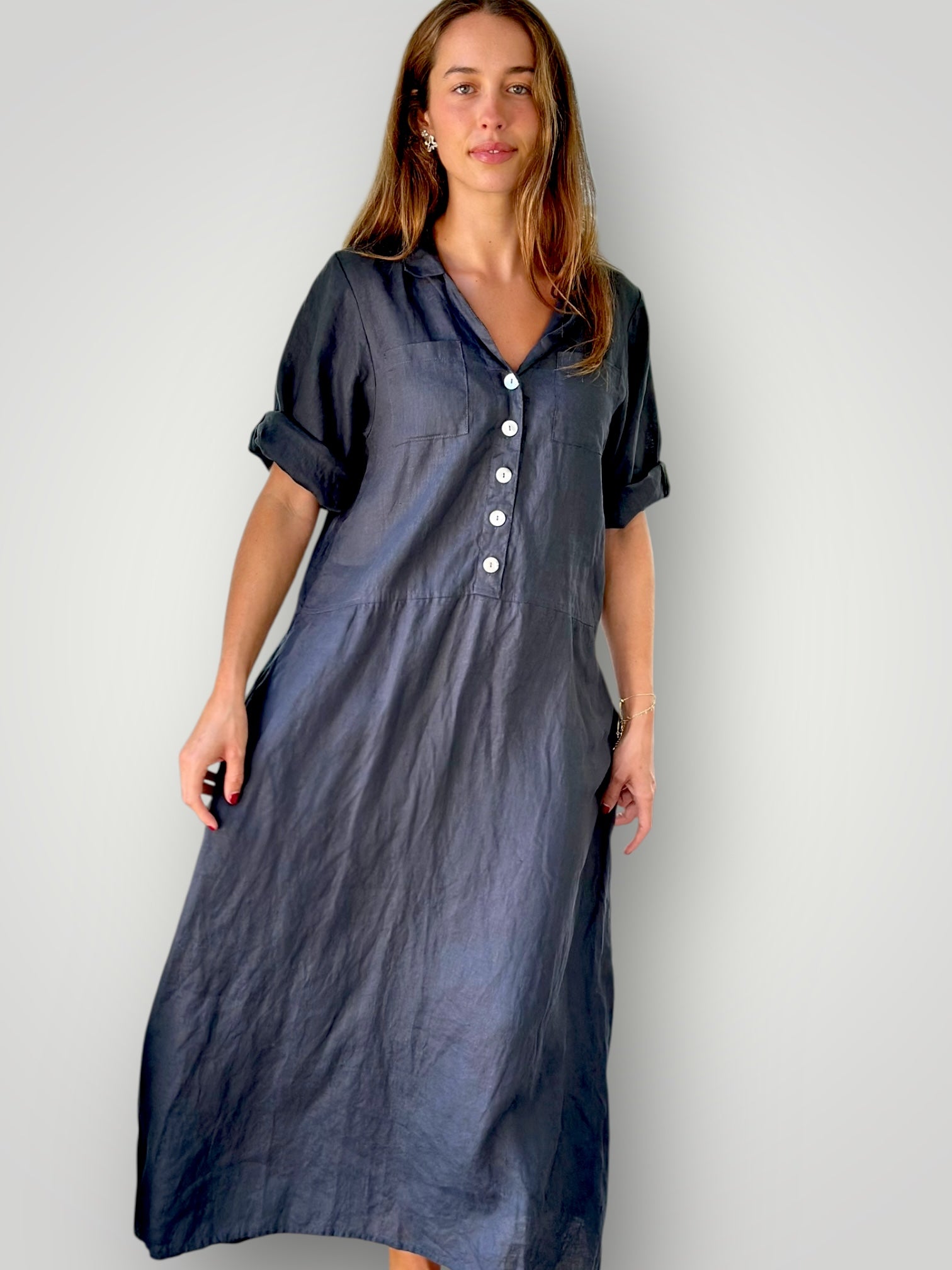 bridget dress-charcoal linen Apparel