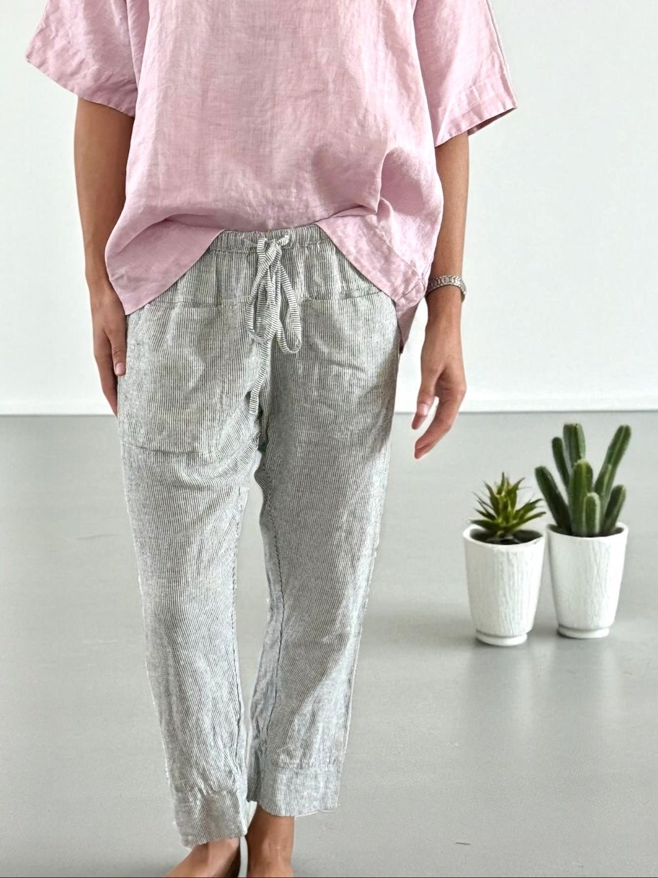 darcy pants - fine grey stripe linen