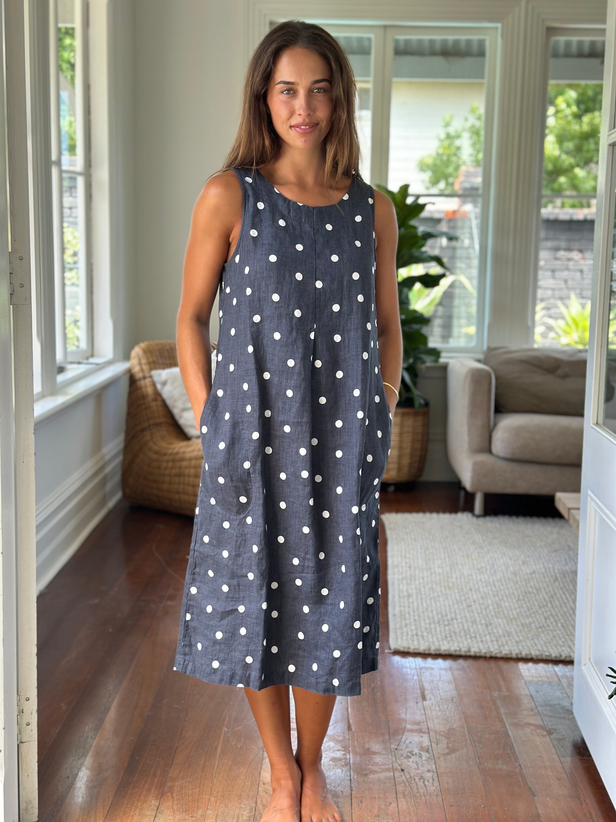 becky dress - charcoal spot linen Apparel