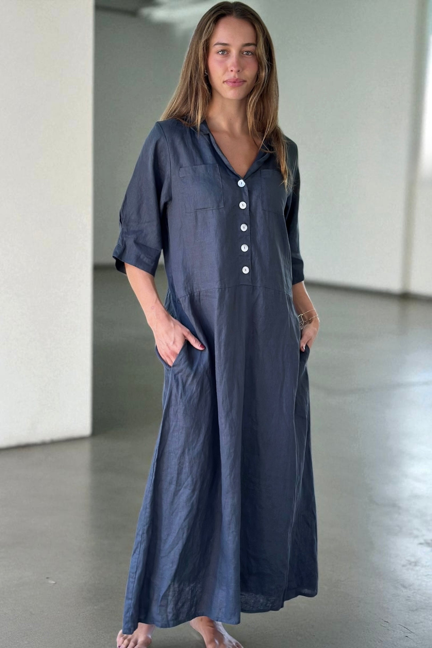 bridget dress-charcoal linen Apparel
