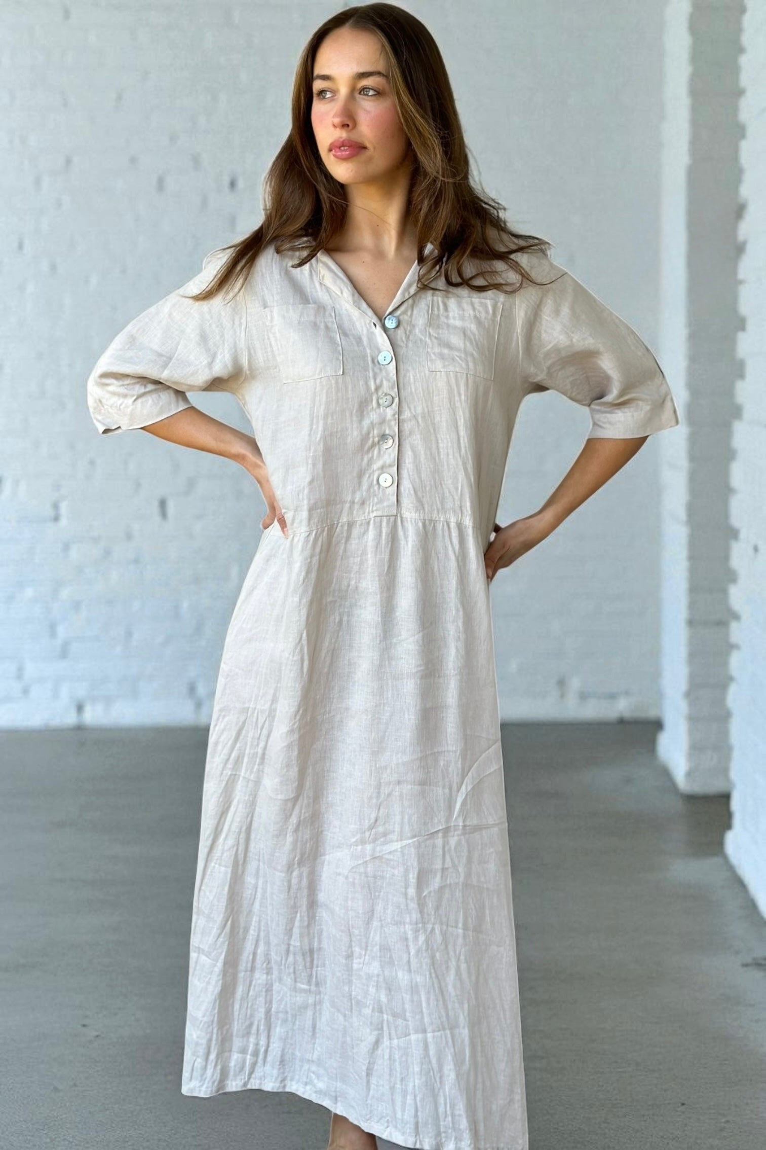 bridget dress - almond linen Apparel