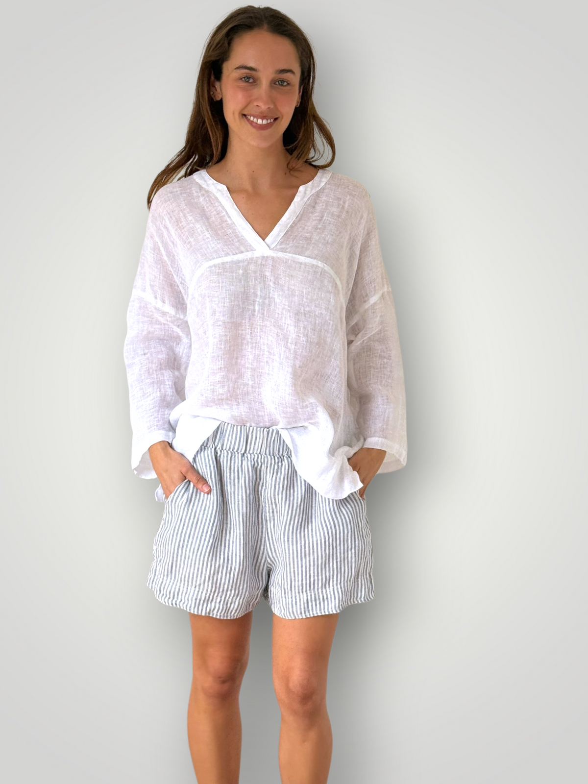 abbey short - soft denim stripe linen Apparel