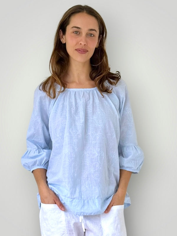 julia top-soft blue cotton embroidery Apparel