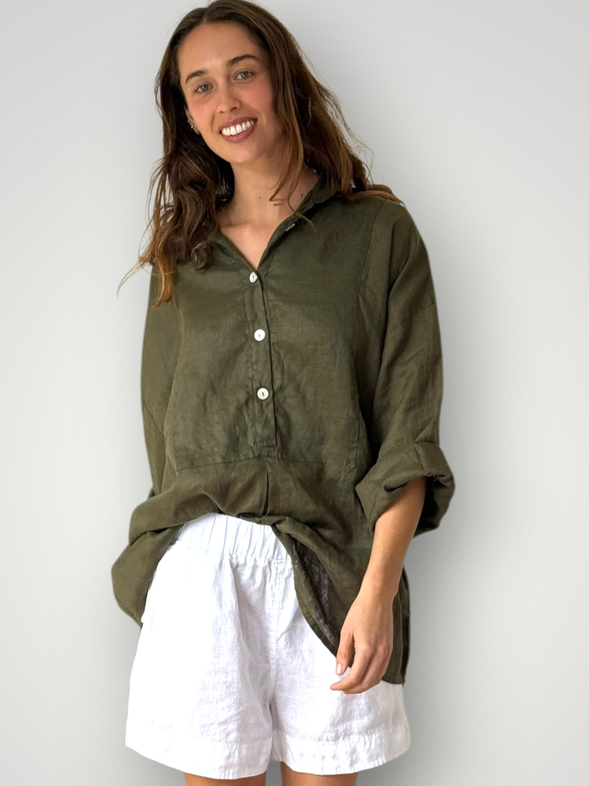 megan shirt - army linen Apparel