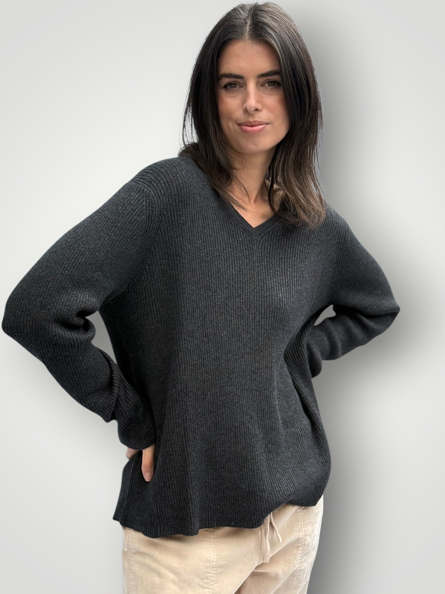 georgia v neck ribbed -charcoal General