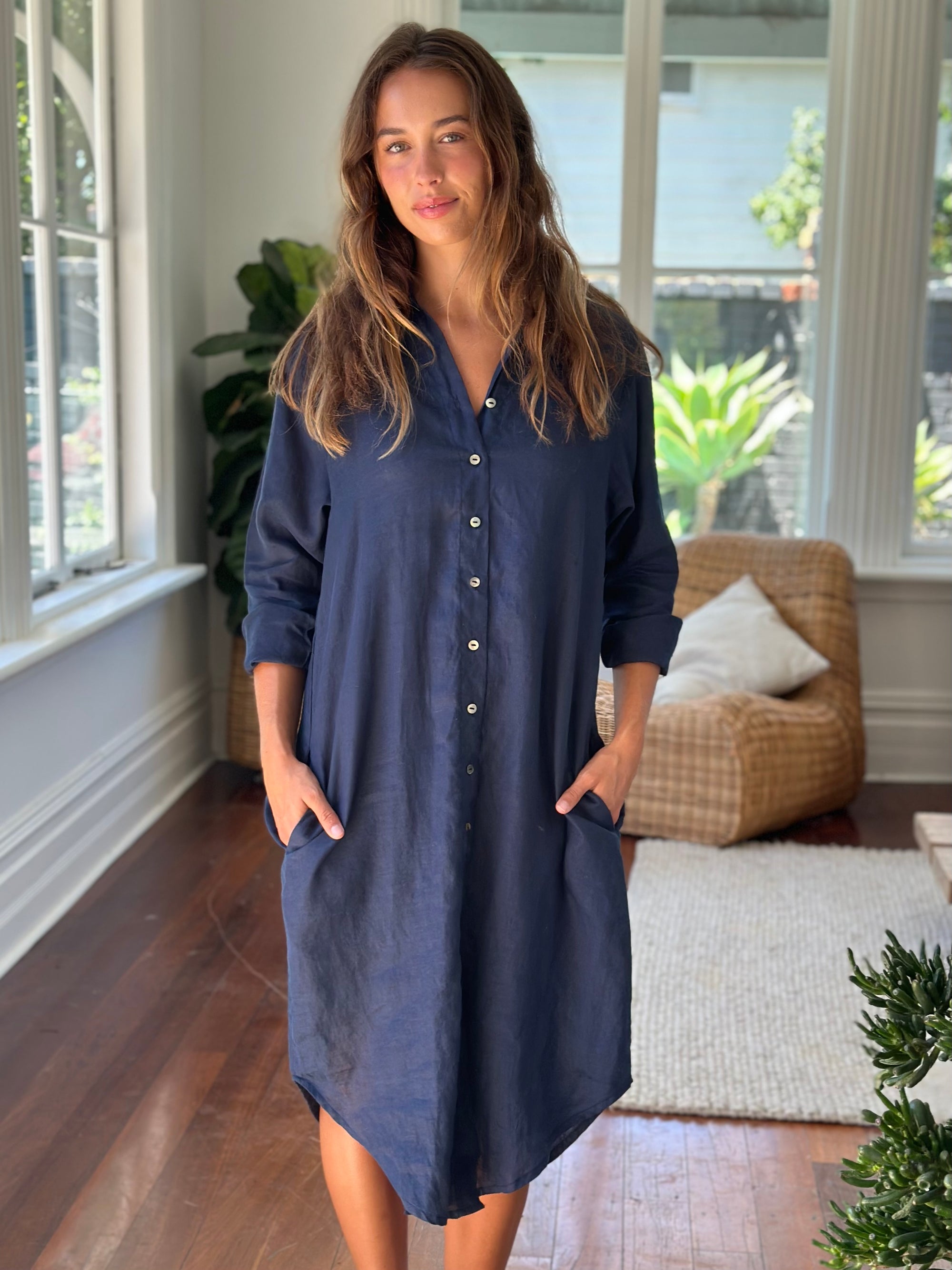 elena shirtdress - navy linen Apparel