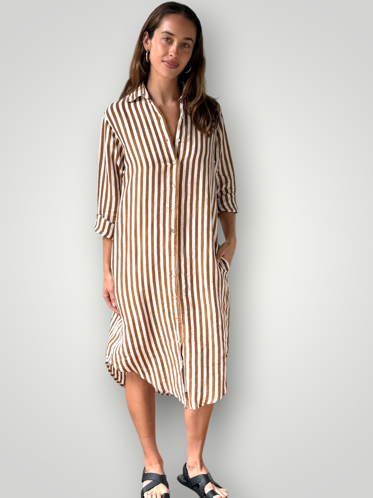 elena shirtdress - small caramel stripe linen Apparel