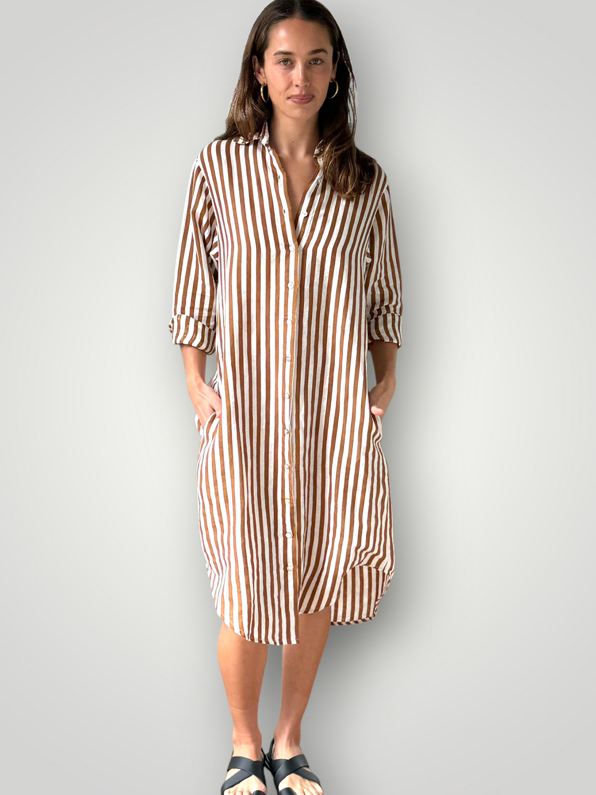 elena shirtdress - small caramel stripe linen Apparel