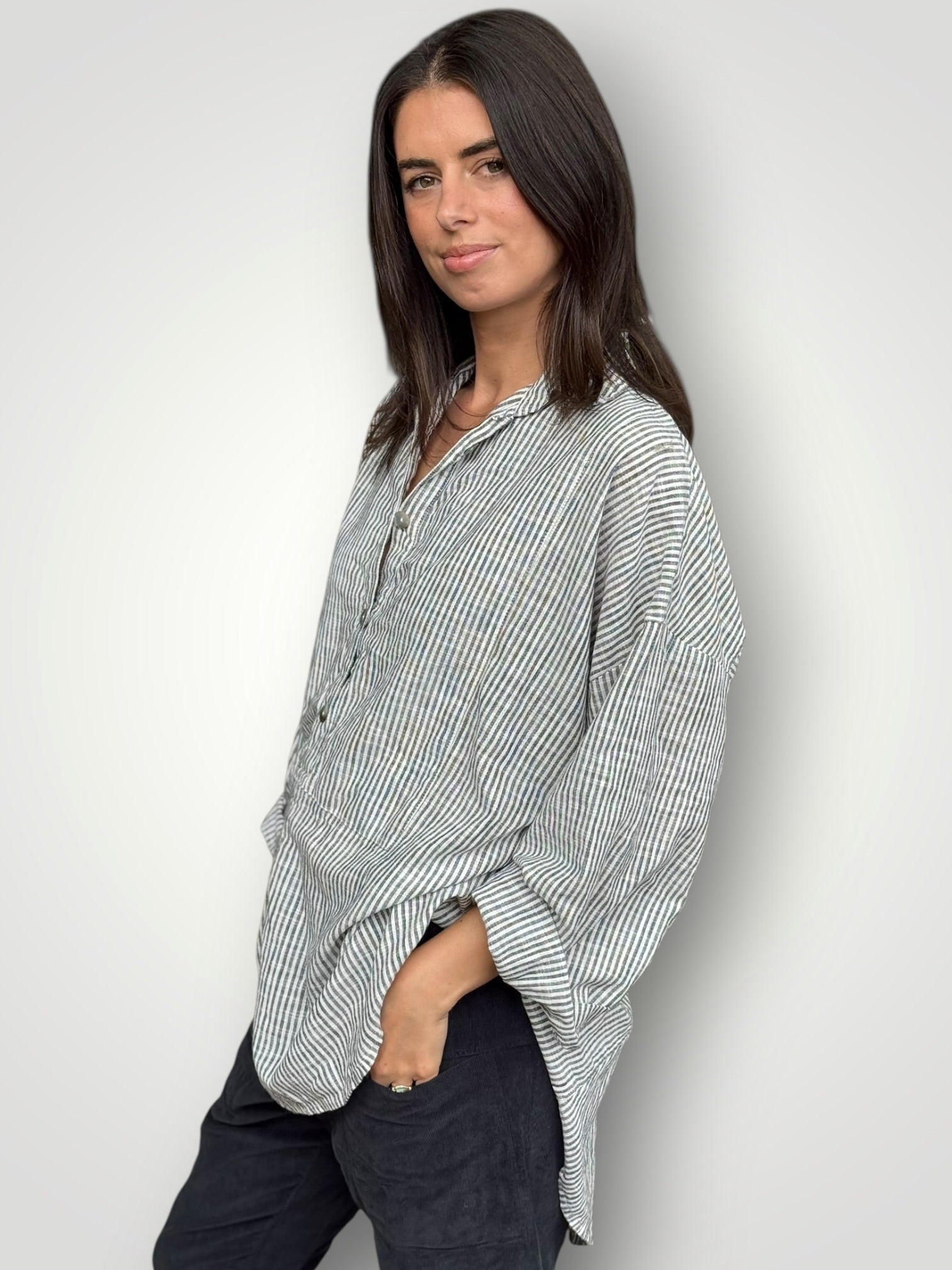 megan shirt-charcoal stripe Apparel