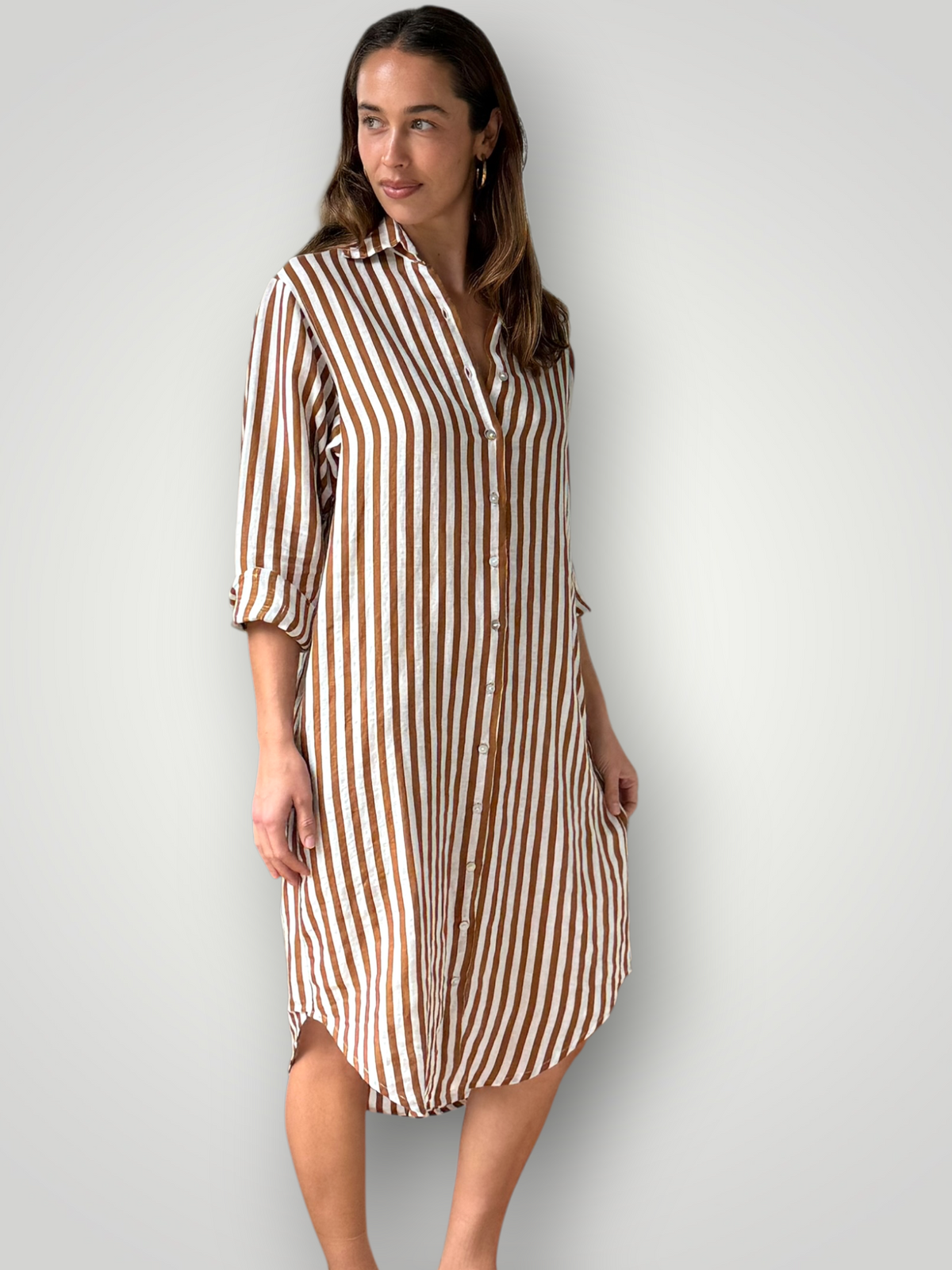 elena shirtdress - small caramel stripe linen Apparel