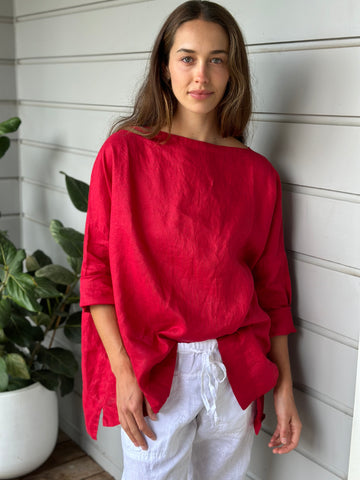 avril top - red linen Apparel  