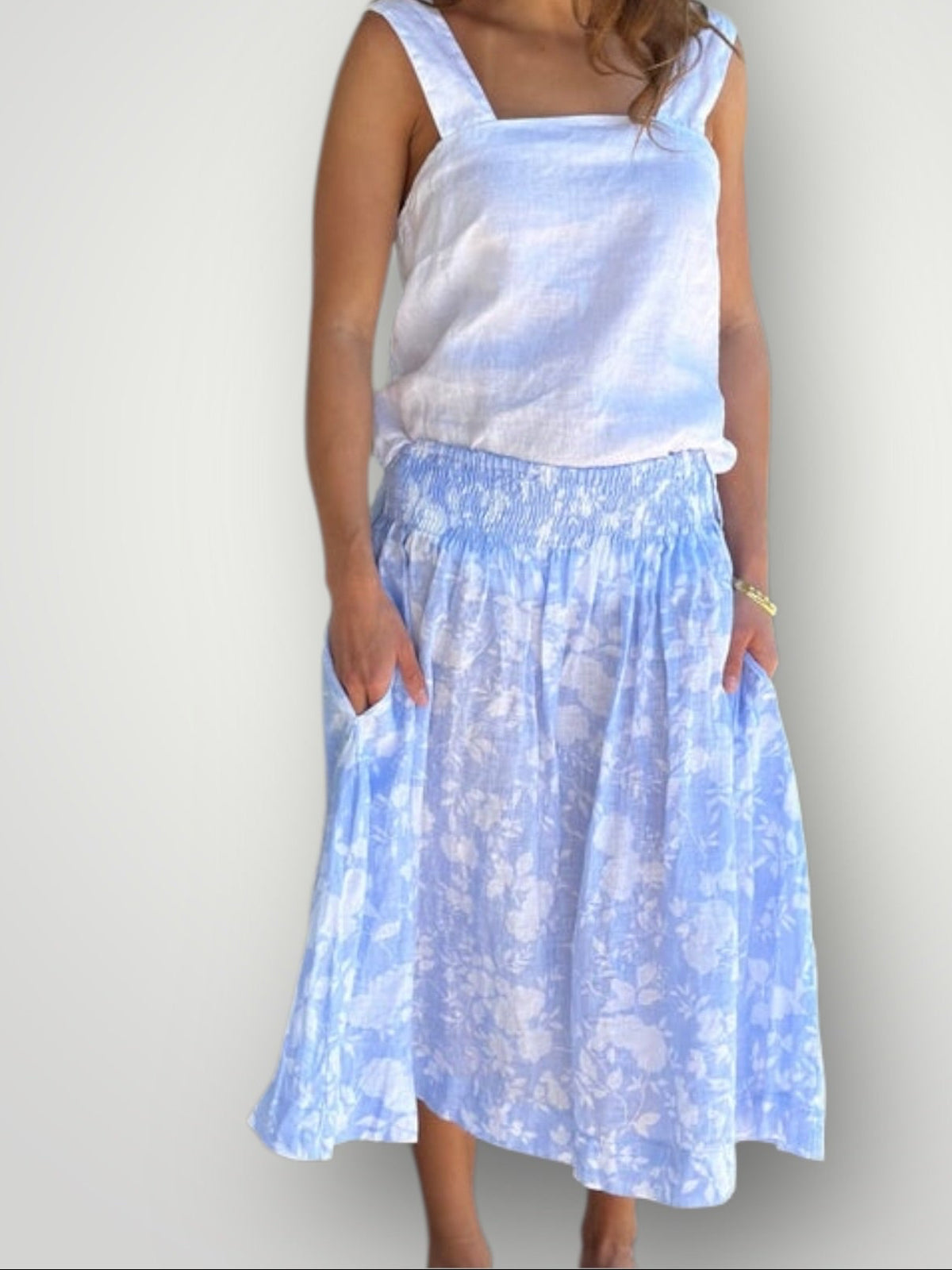 lola skirt - big soft blue flower linen Apparel