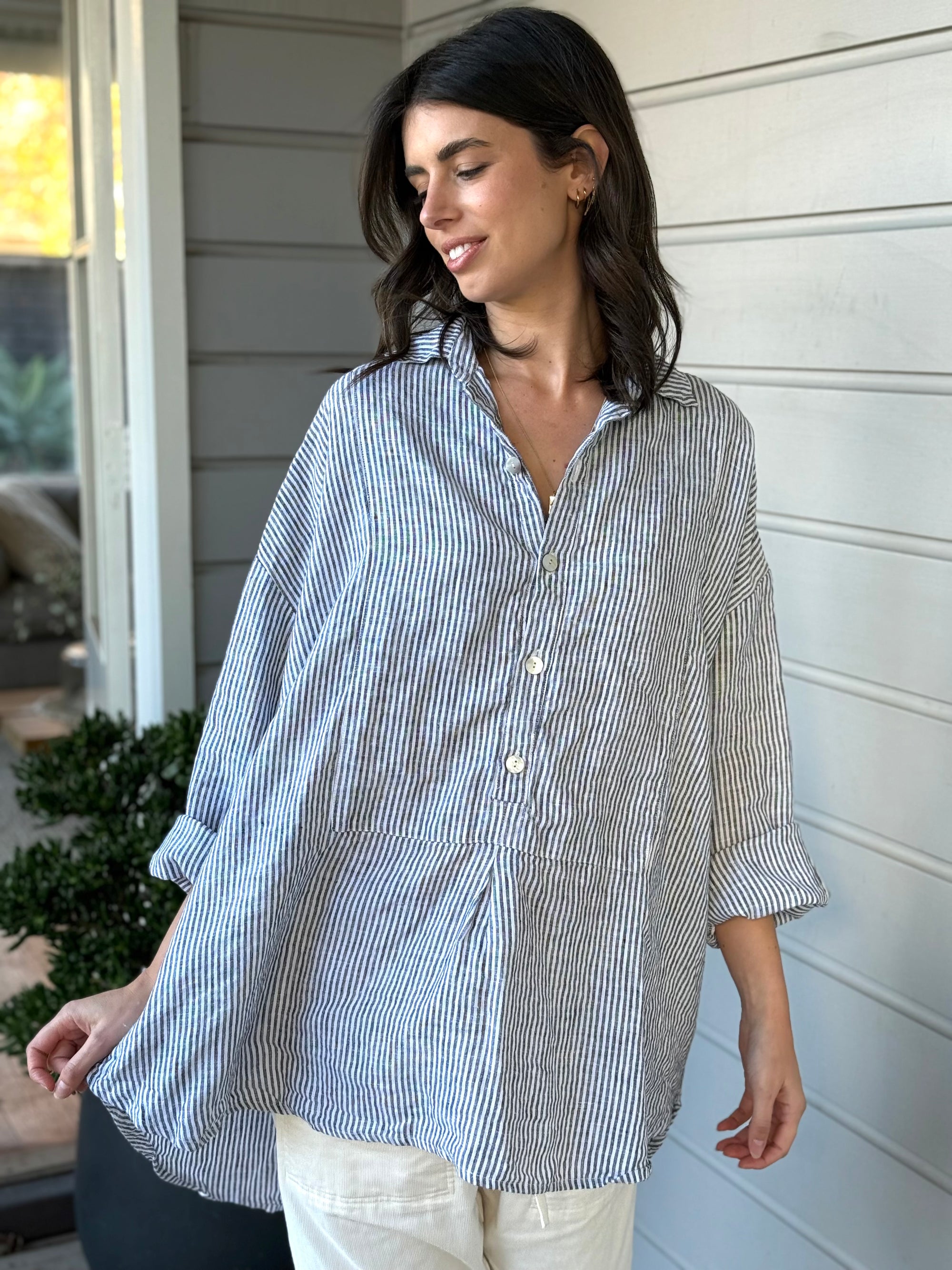 megan shirt -charcoal stripe linen Apparel